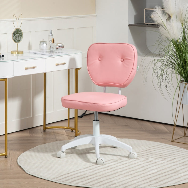 Vanity Office Chair, Adjustable Height Armless Swivel Wheels, Pink PU Leather