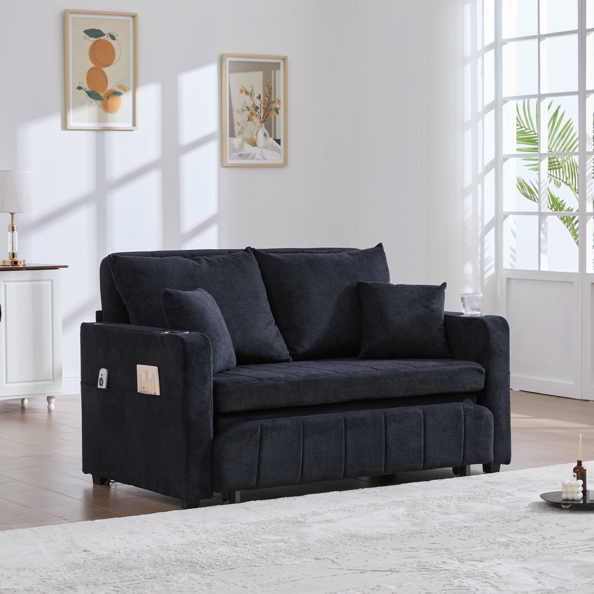 Multifunctional Sofa Bed, Foldable Pull-Out, USB Charging, Cup Holder, Fabric
