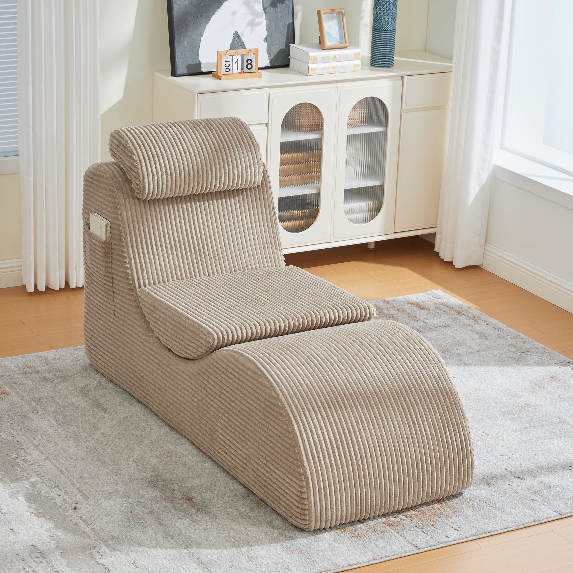 Modern Leisure Chair with Ergonomic Design and Side Pocket, Khaki Corduroy