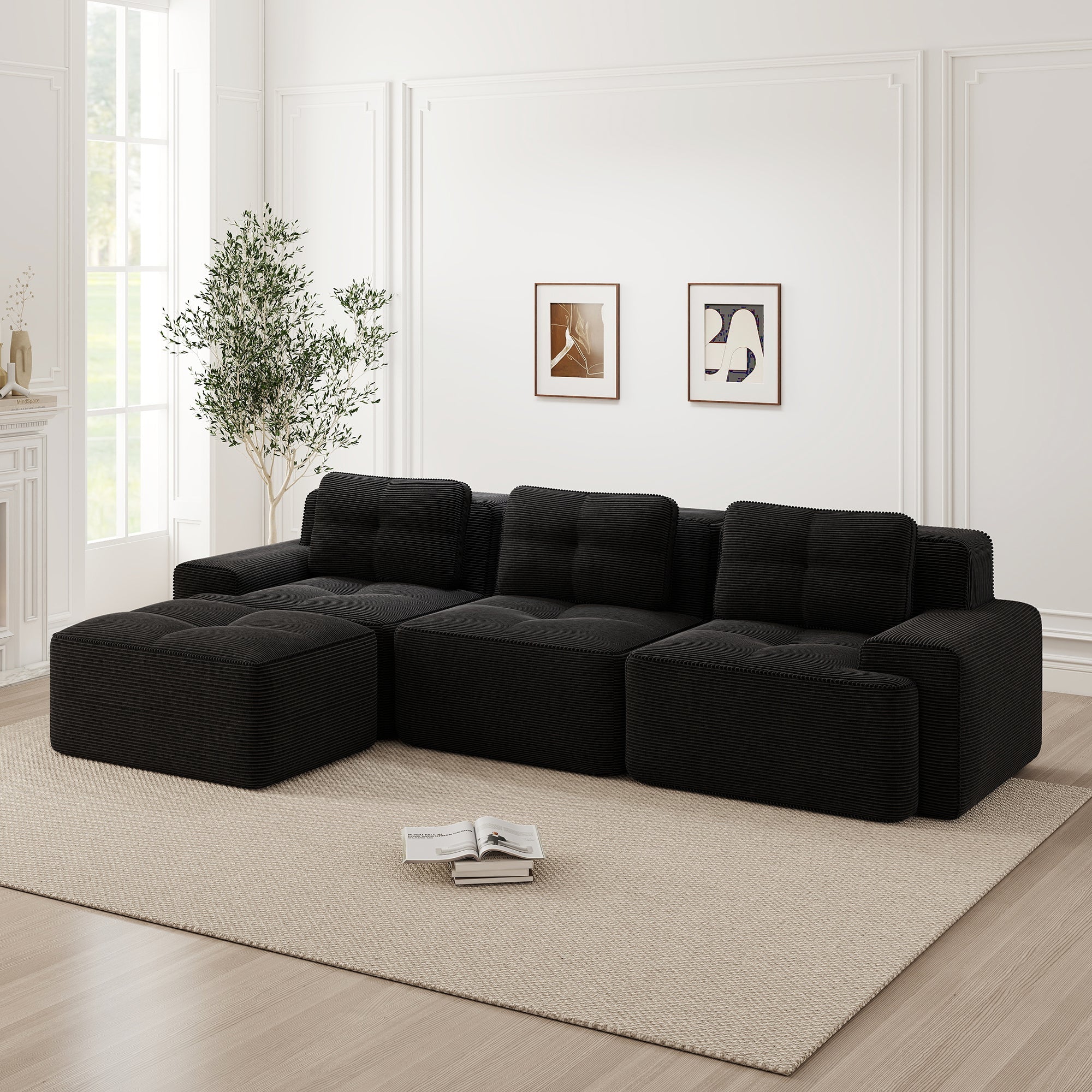 Cloud Modular Sofa L-shaped 3-Seater Ottoman Corduroy Black