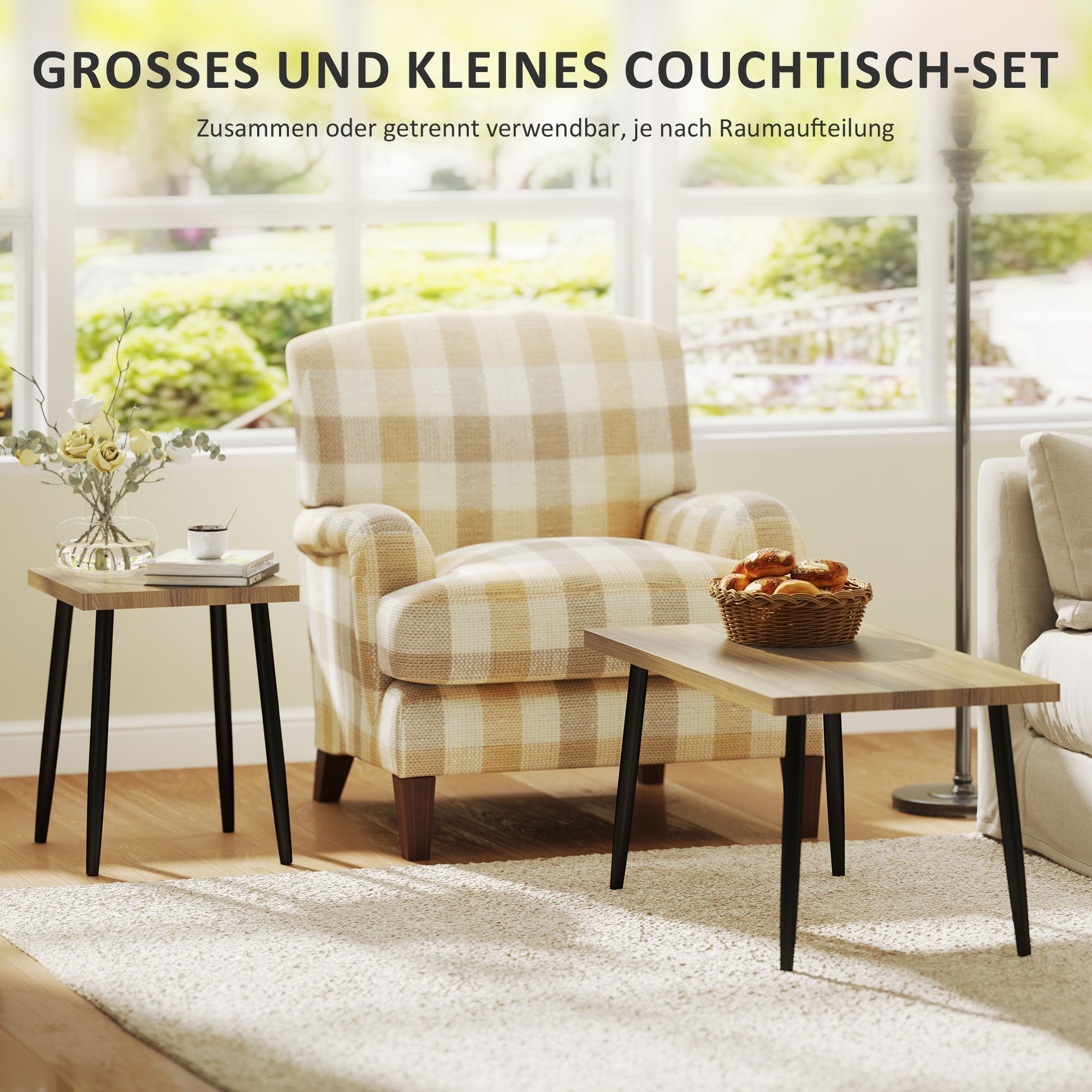 Coffee Table Set of 2, Side Tables with Steel Frame, Natural