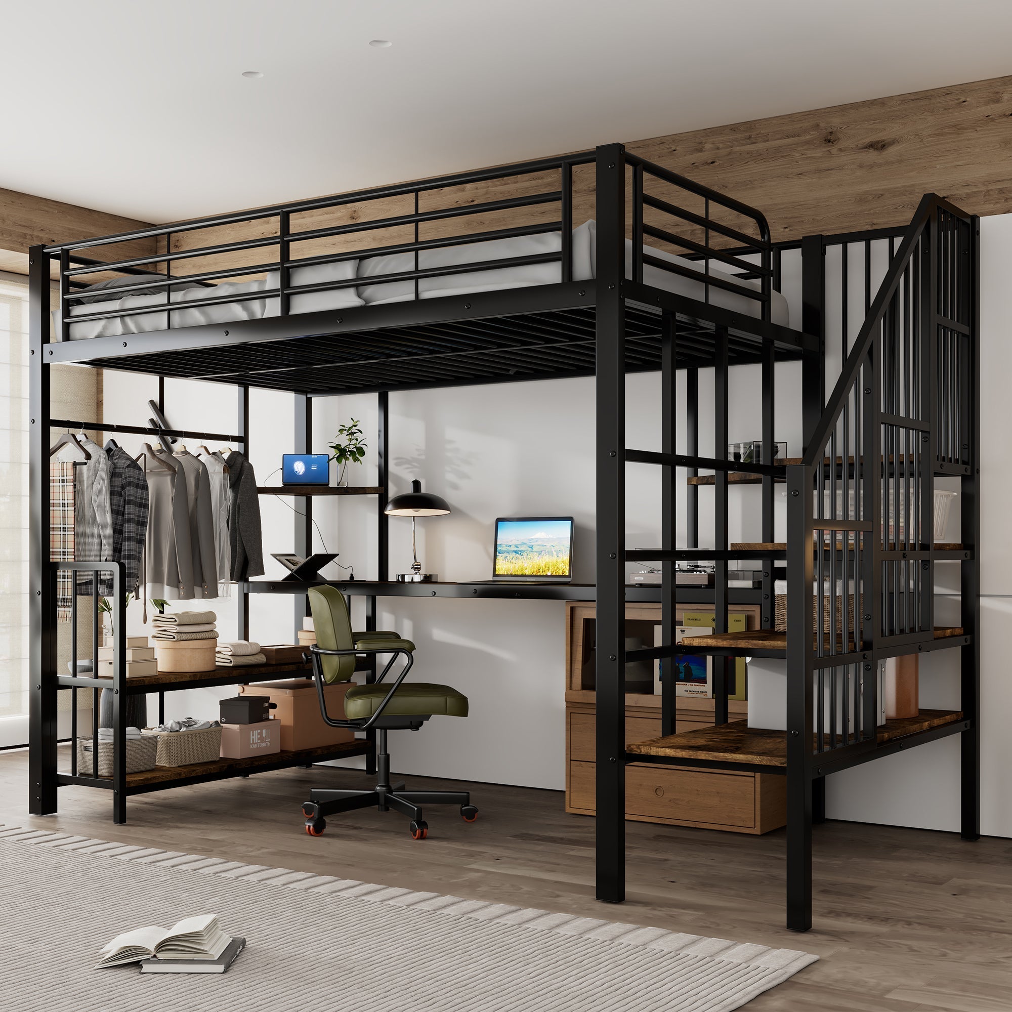 Iron Bed, Loft with Side Ladder & Charging Port, Black Iron + MDF