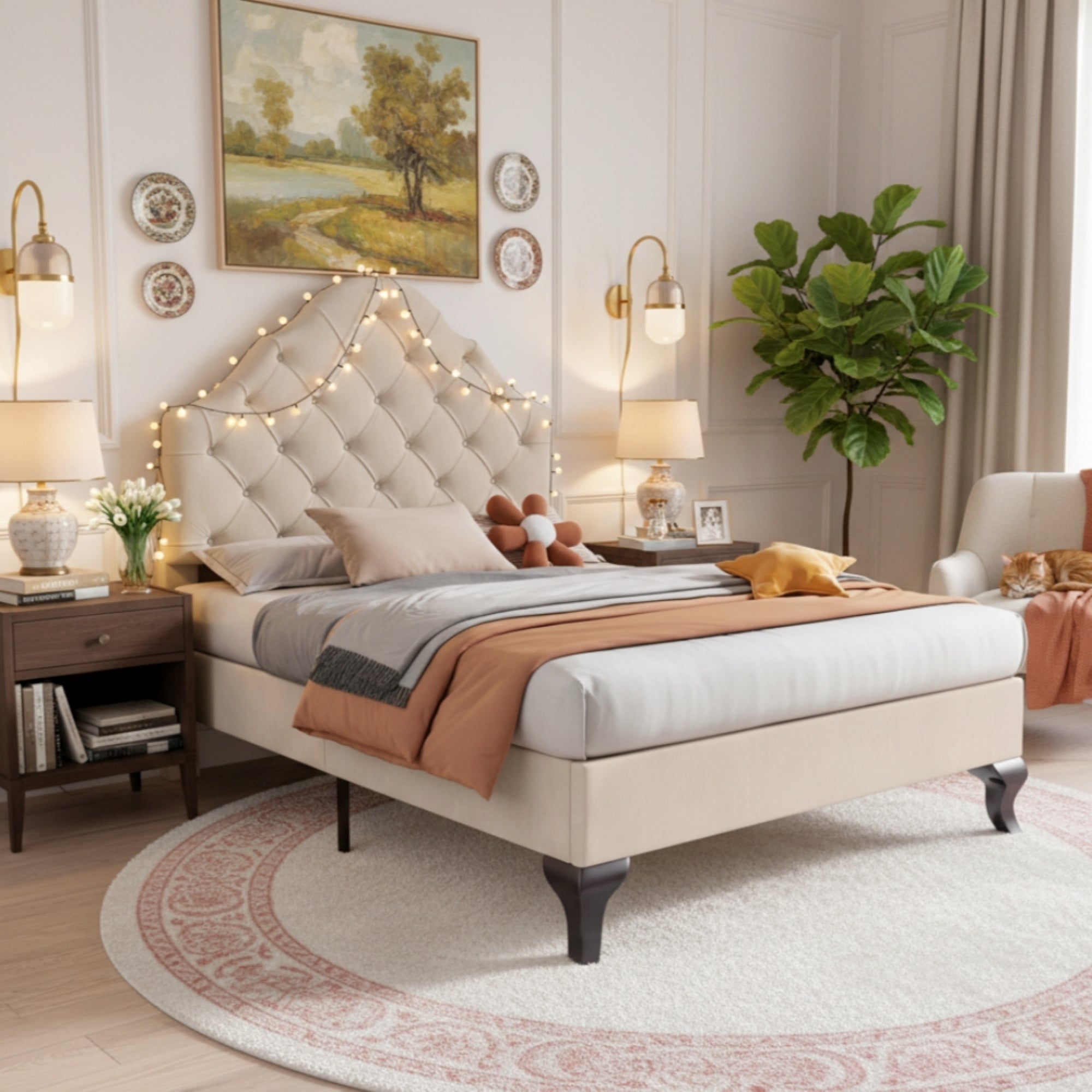 Upholstered Single Bed 90x200cm Adjustable Headboard Slatted Frame - Velvet Beige