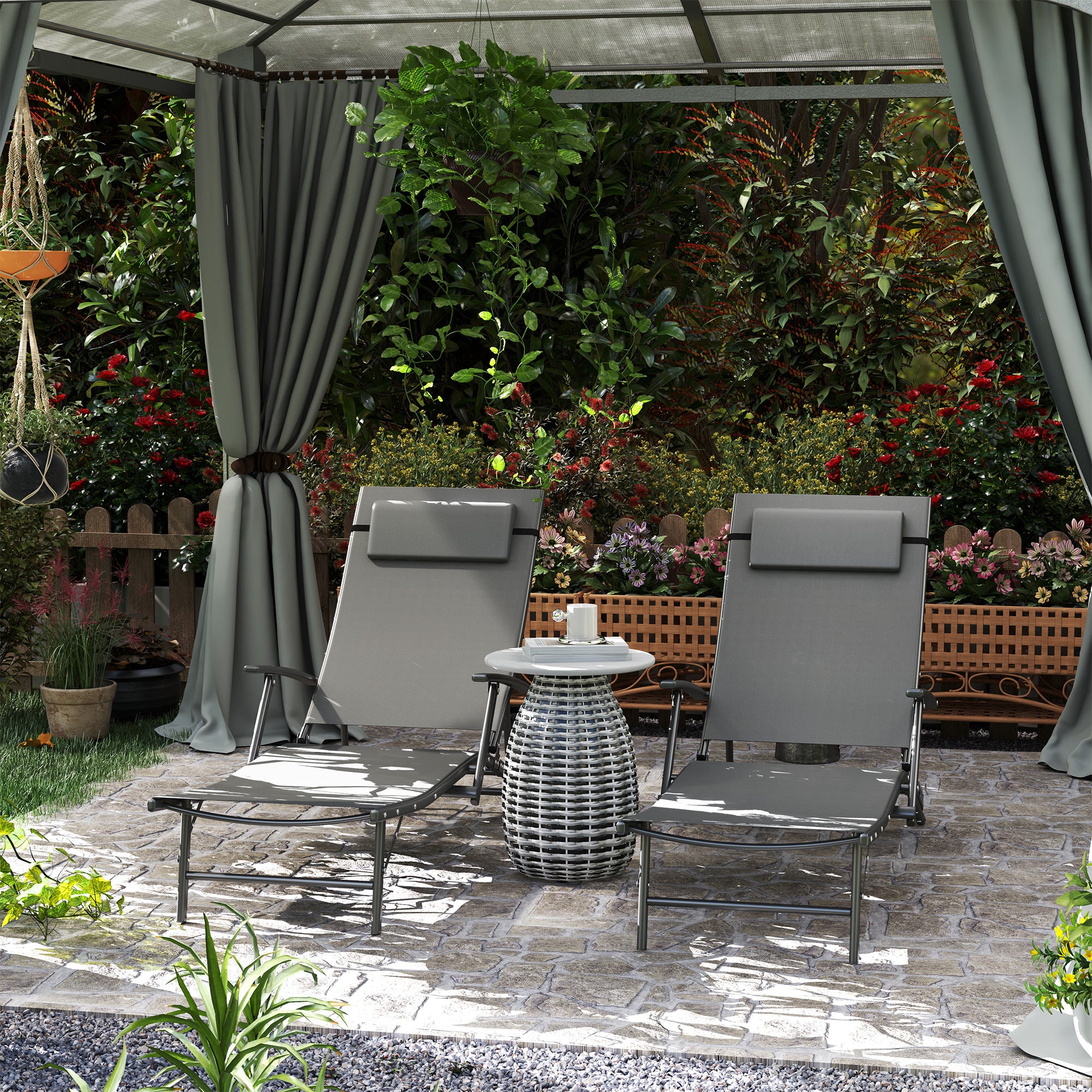 Set of Two Sun Loungers Adjustable Back Folding Texteline Grey