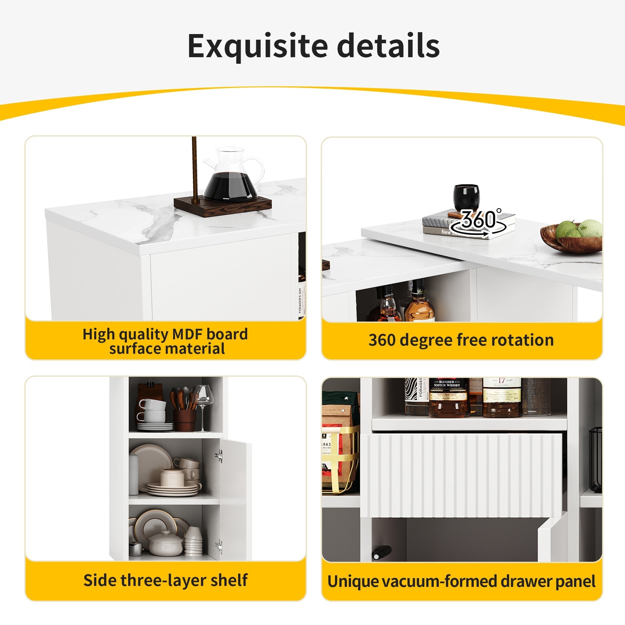 Bar Table, 360° Rotating Multifunctional Storage with Open Space, White Marble Top