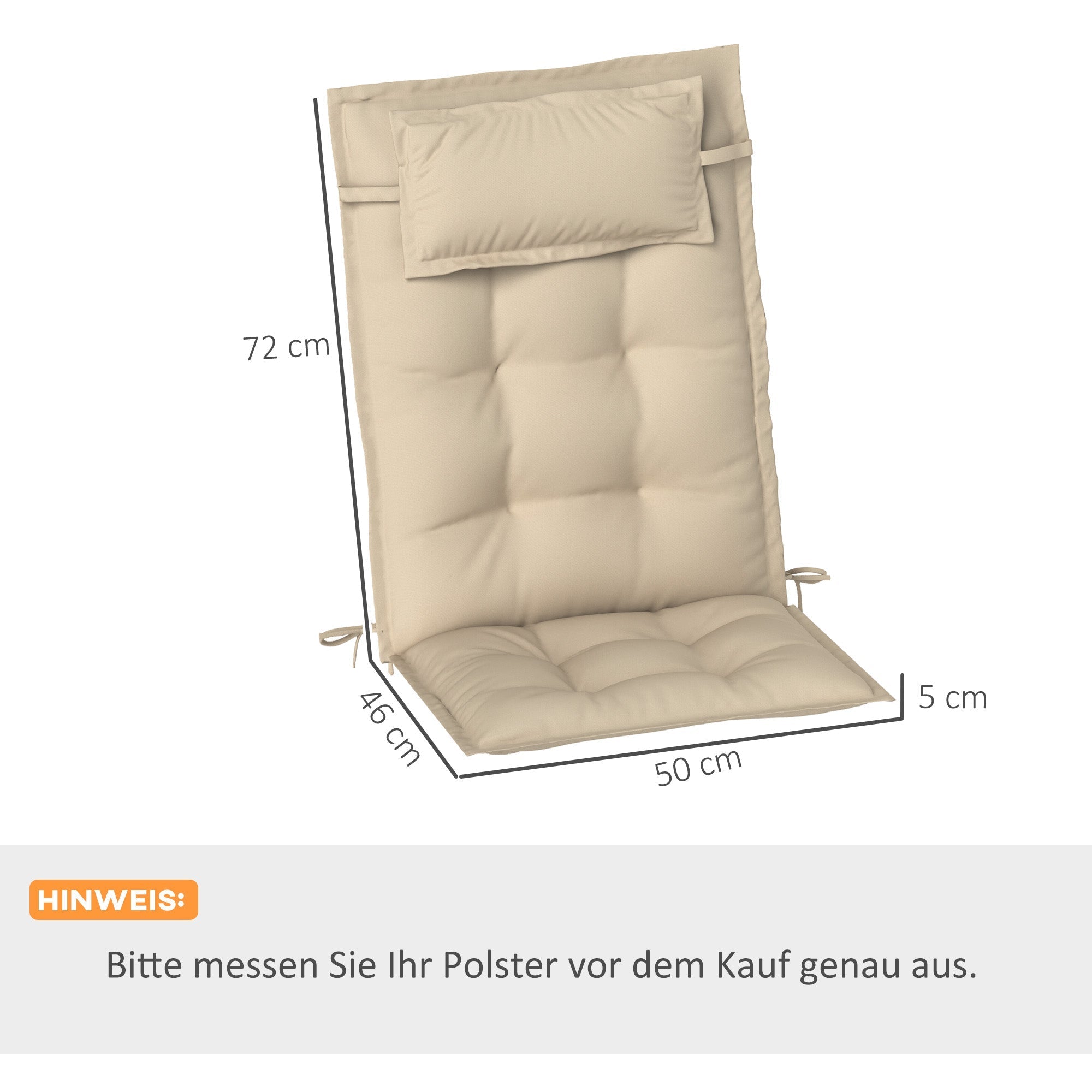 Set of 2 Cushions for Sun Loungers, Water-Repellent, 50 x 116 x 5 cm, Beige
