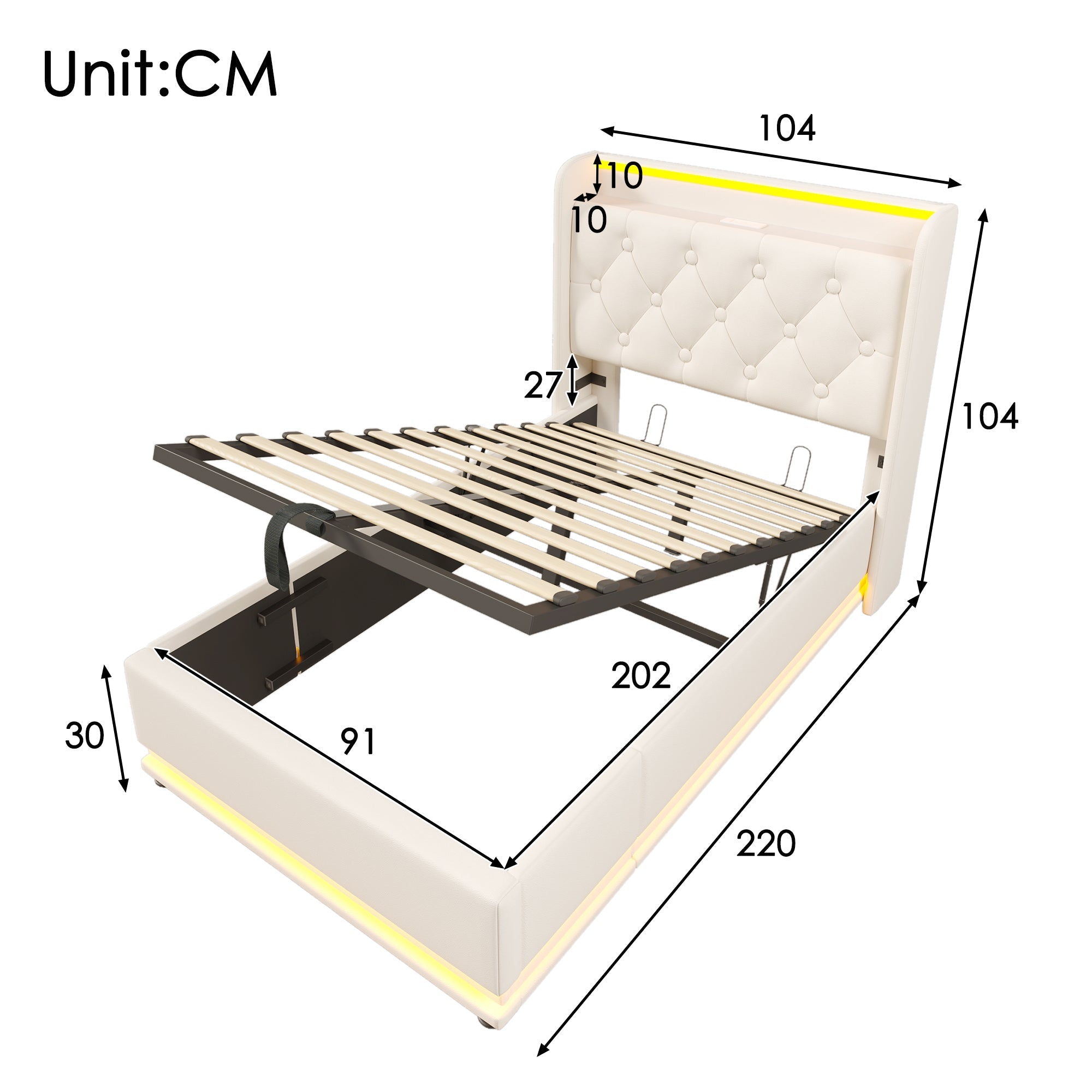 Upholstered Single Bed, 360° LED, Hydraulic Storage, USB-C Charging, White PU