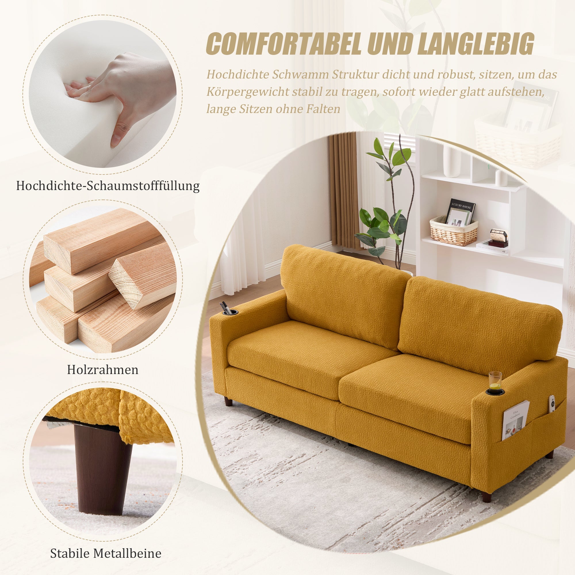 2-Seater Sofa USB-C LED Cup Holders Storage - Mustard Yellow Chenille