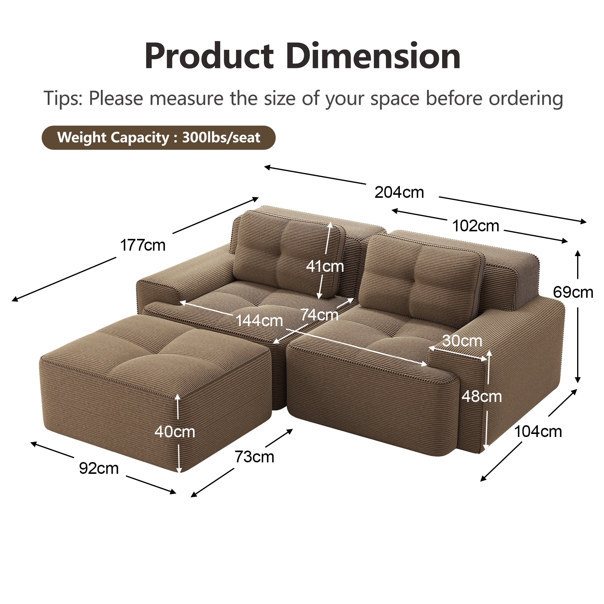 Boneless Modular Sofa L-Shaped Corduroy Sleeper with Ottoman - Brown