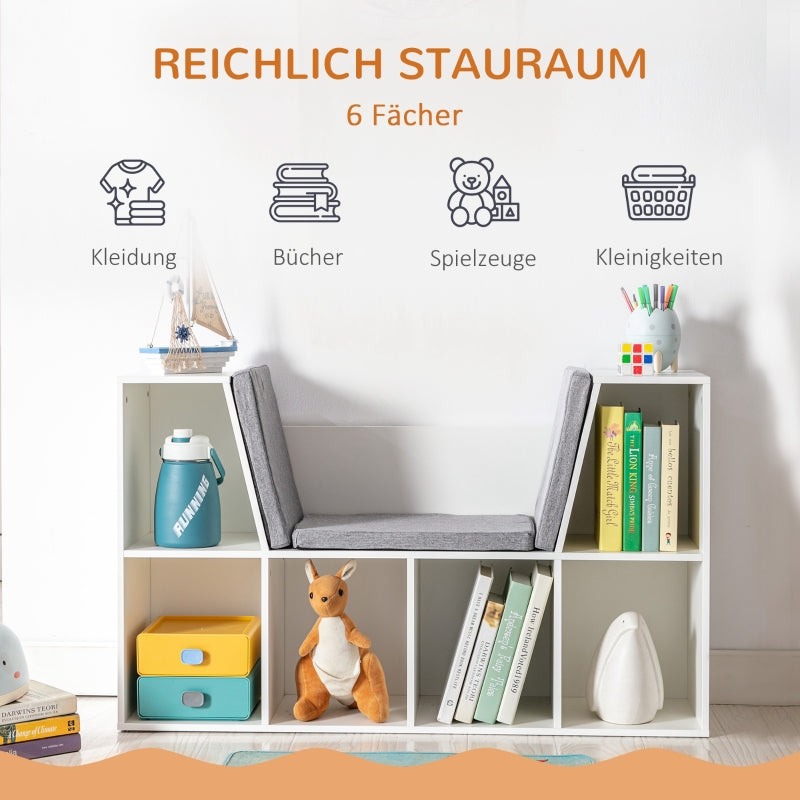 Bücherregal für Kinder, mit 6 Fächern, Spielzeugkiste, Weiß+Grau