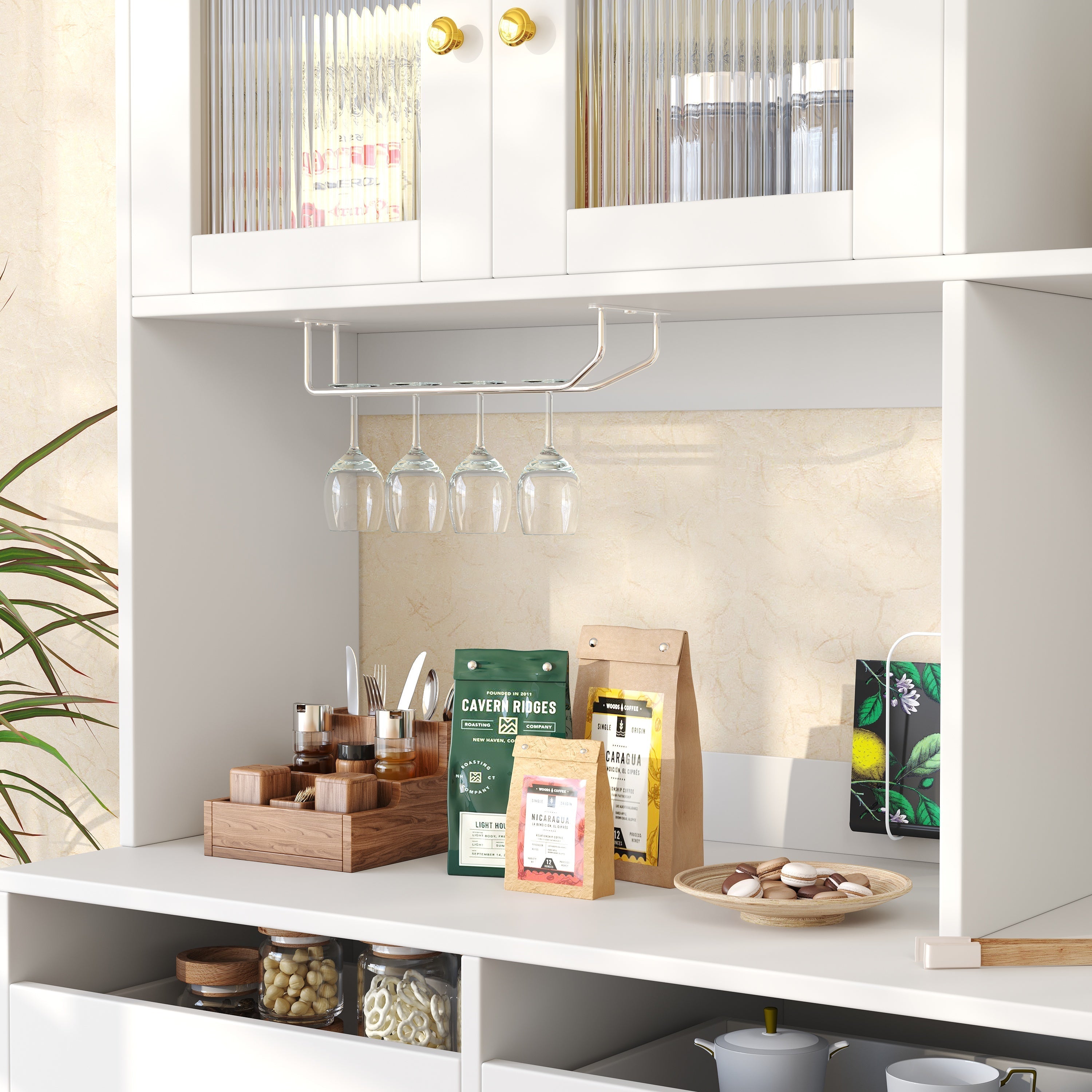 Multi-purpose Storage Cabinet, 145 x 39 x 171 cm Changhong Glass Door Wine Holder, White with Gold Decoration