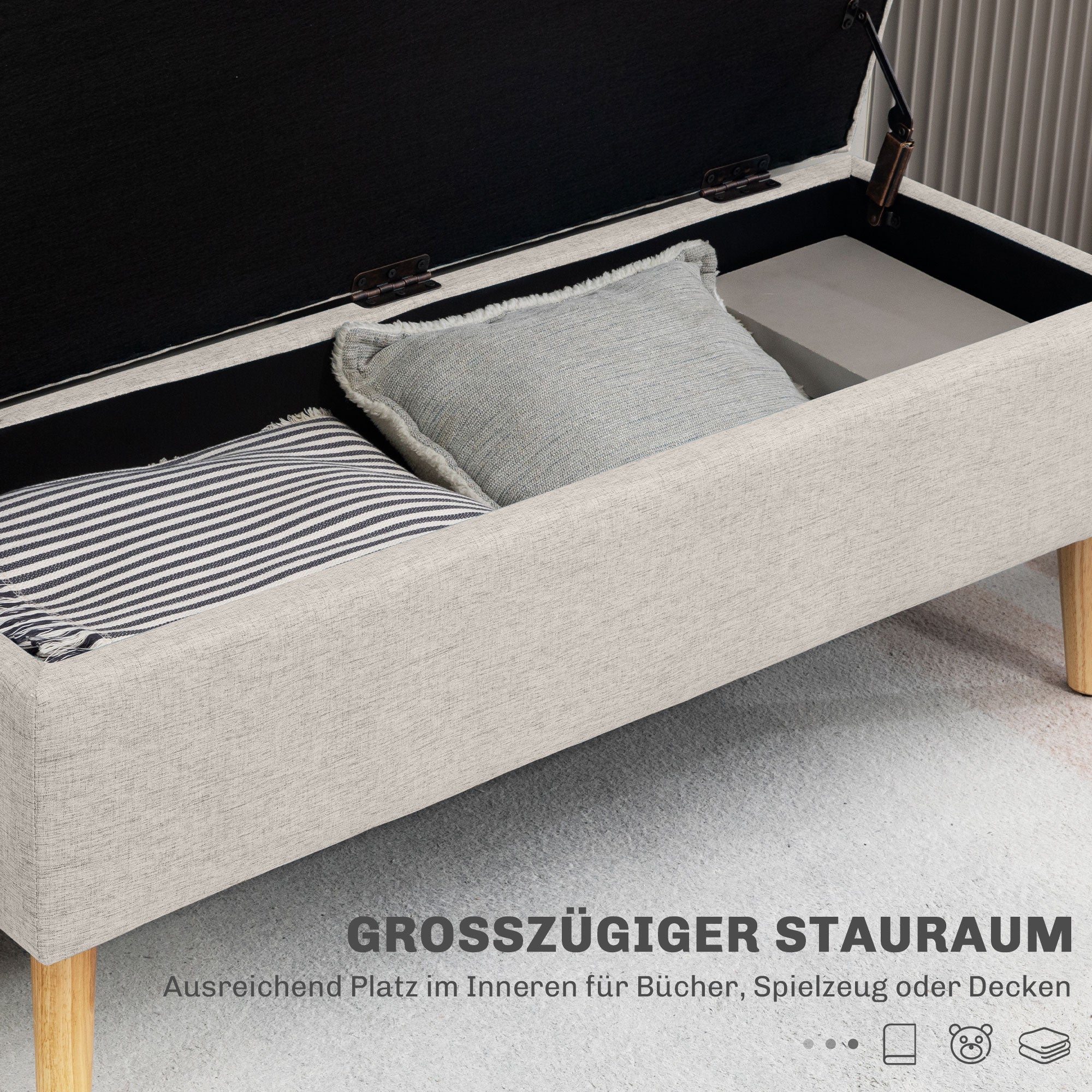 Upholstered Bench with Storage, 110 x 39 x 45 cm, Linen Beige