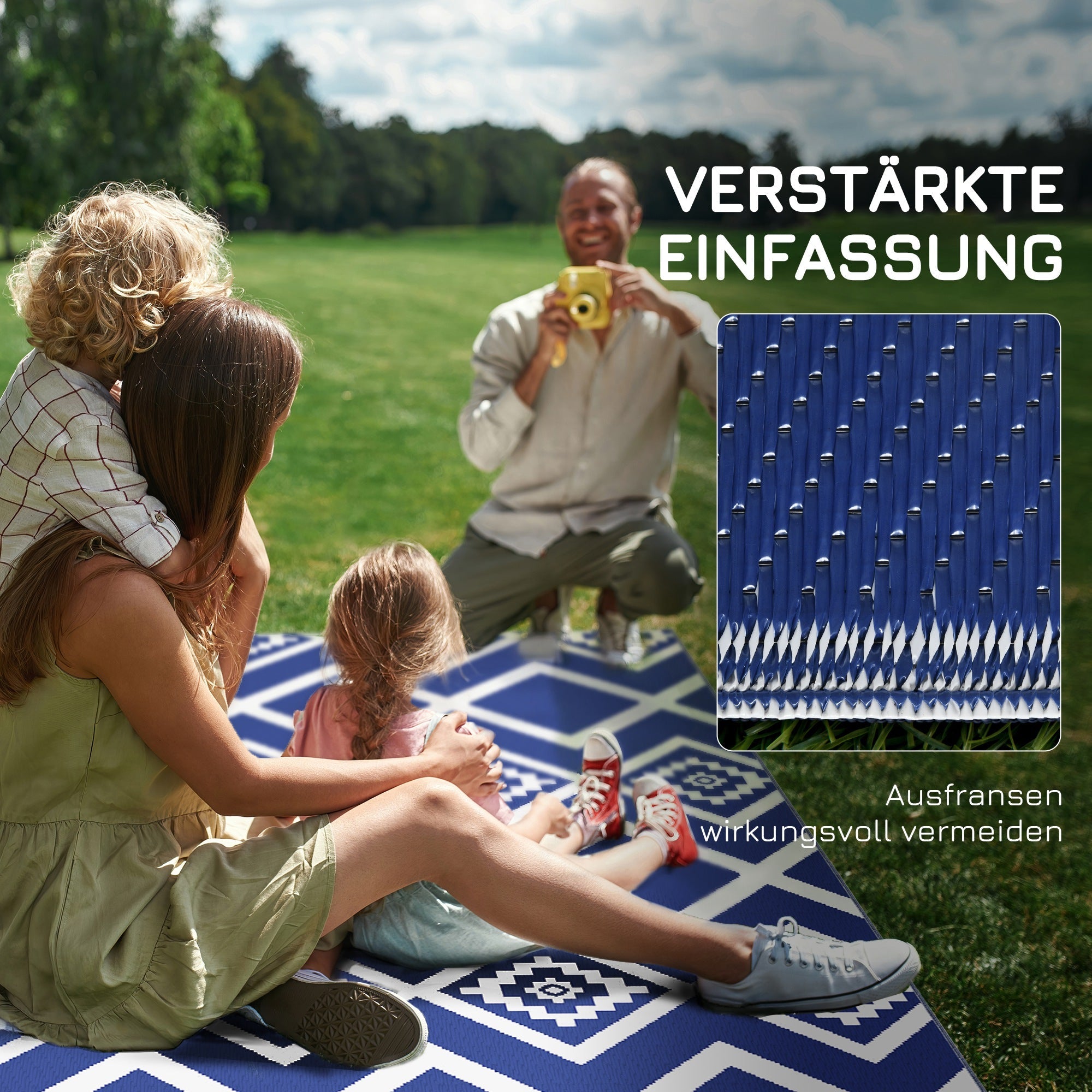 Outdoor Rug, Water-Repellent, with Carrying Bag, Plastic Blue-White