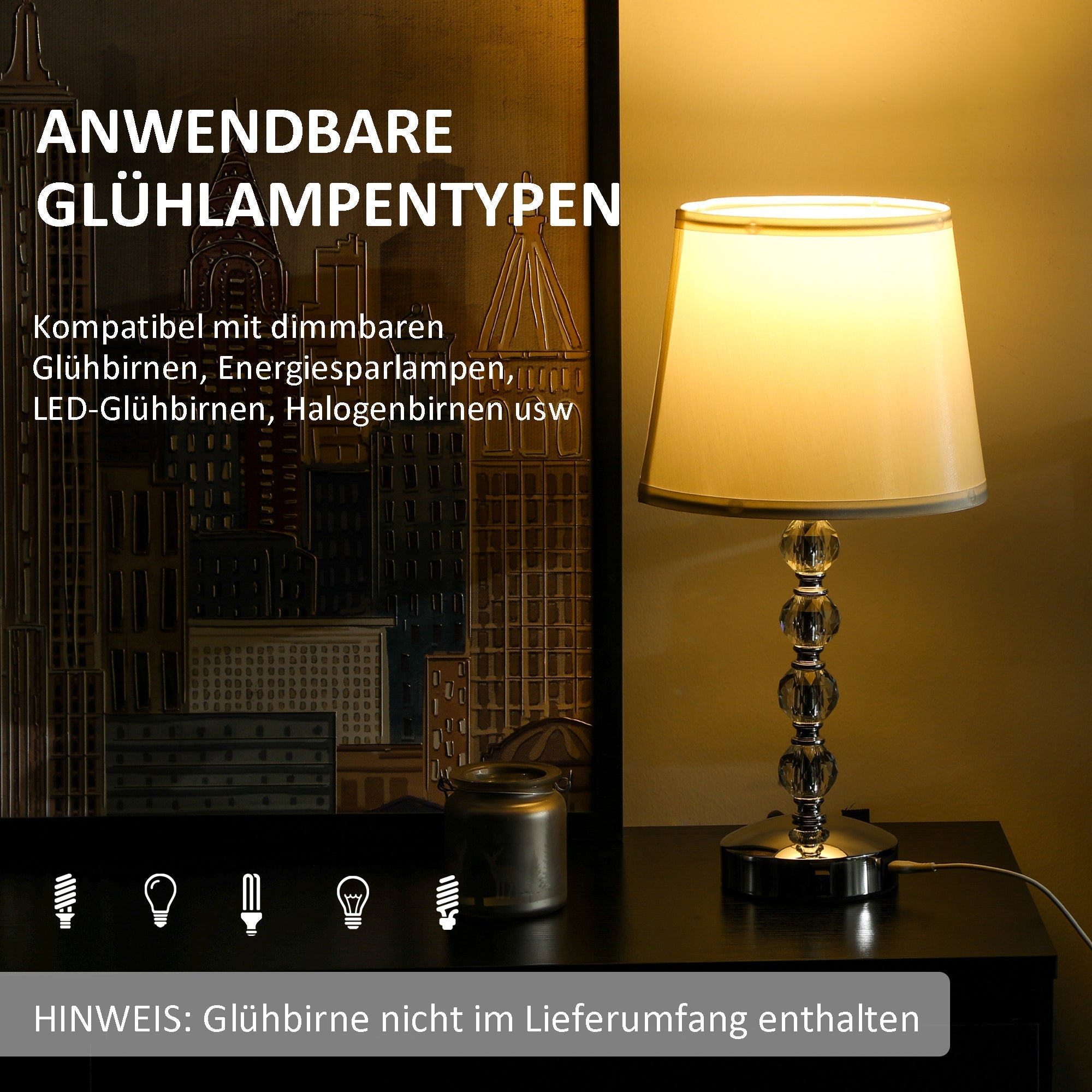 Table Lamp LED USB Rechargeable Crystal Bedside, Glass Silver