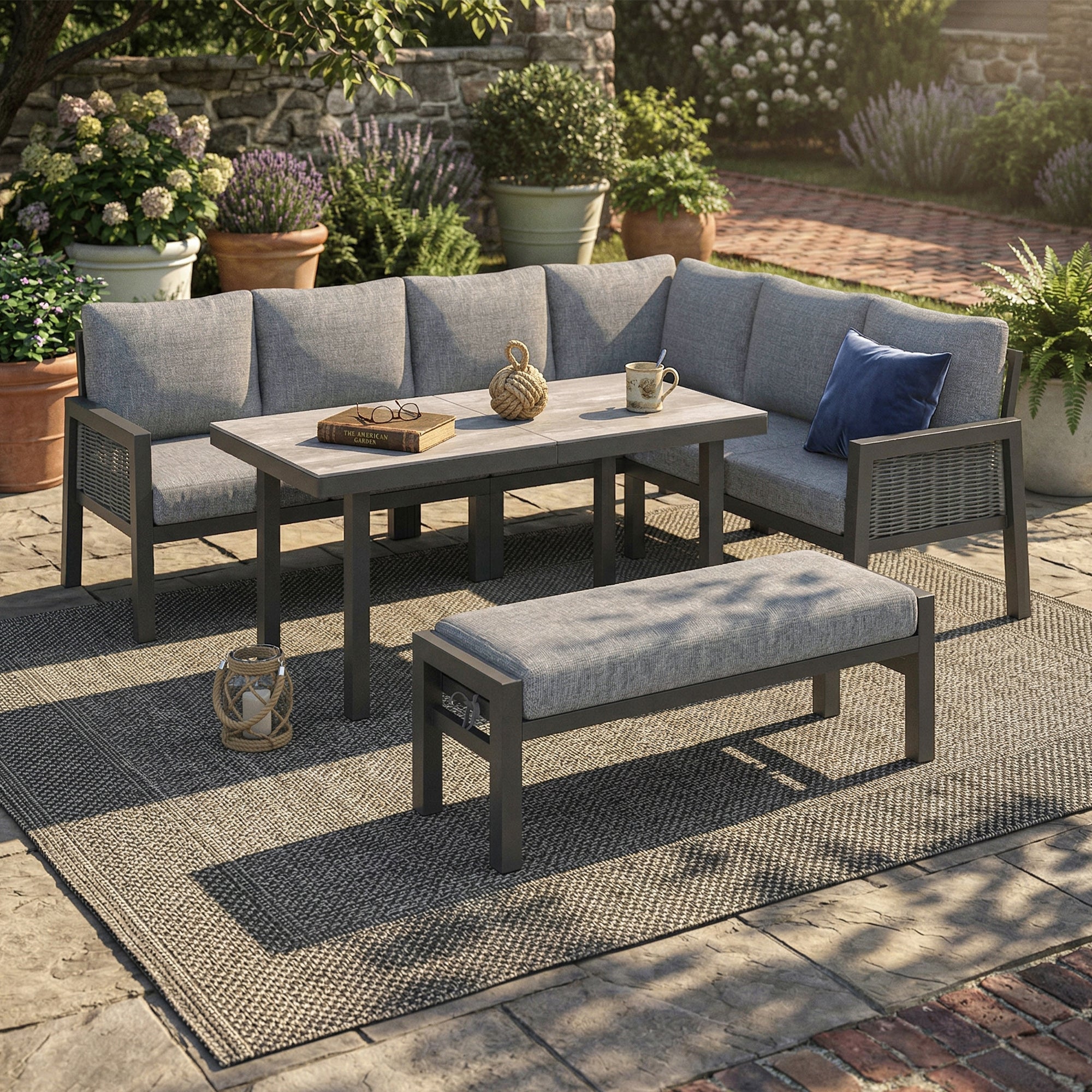 Garden Dining Set, 8 Person Corner Furniture with Glass Table and Benches, Grey PE Braided Rope