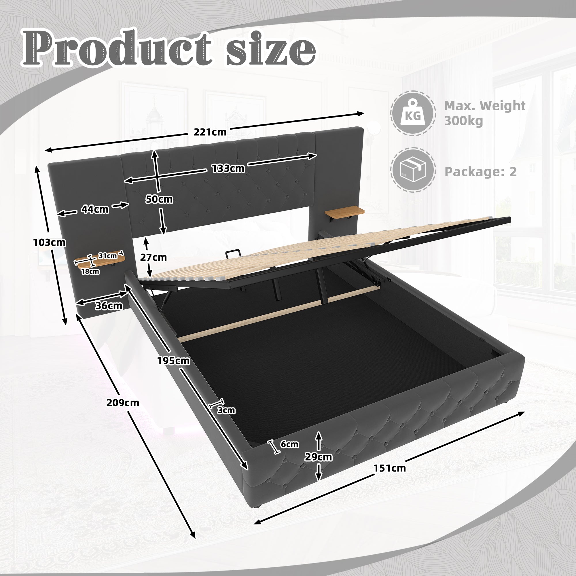 Modern Bed Frame 150x200cm, Wide Headboard, LED, USB-C Ports, Hydraulic Storage, Gray