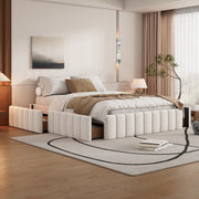 Upholstered Bed 140x200cm with Slatted Base and 4 Storage Drawers, Beige Velvet