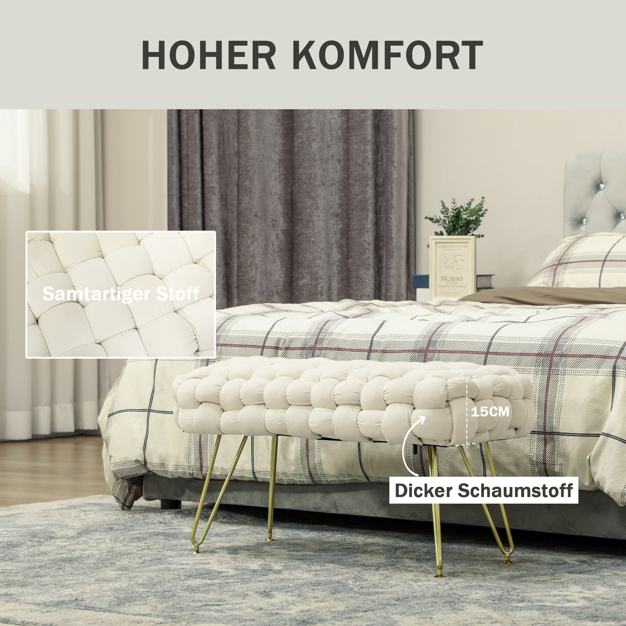 Fußhocker mit gepolsterter Sitzfläche, Metallbeinen, cremeweißer Samt