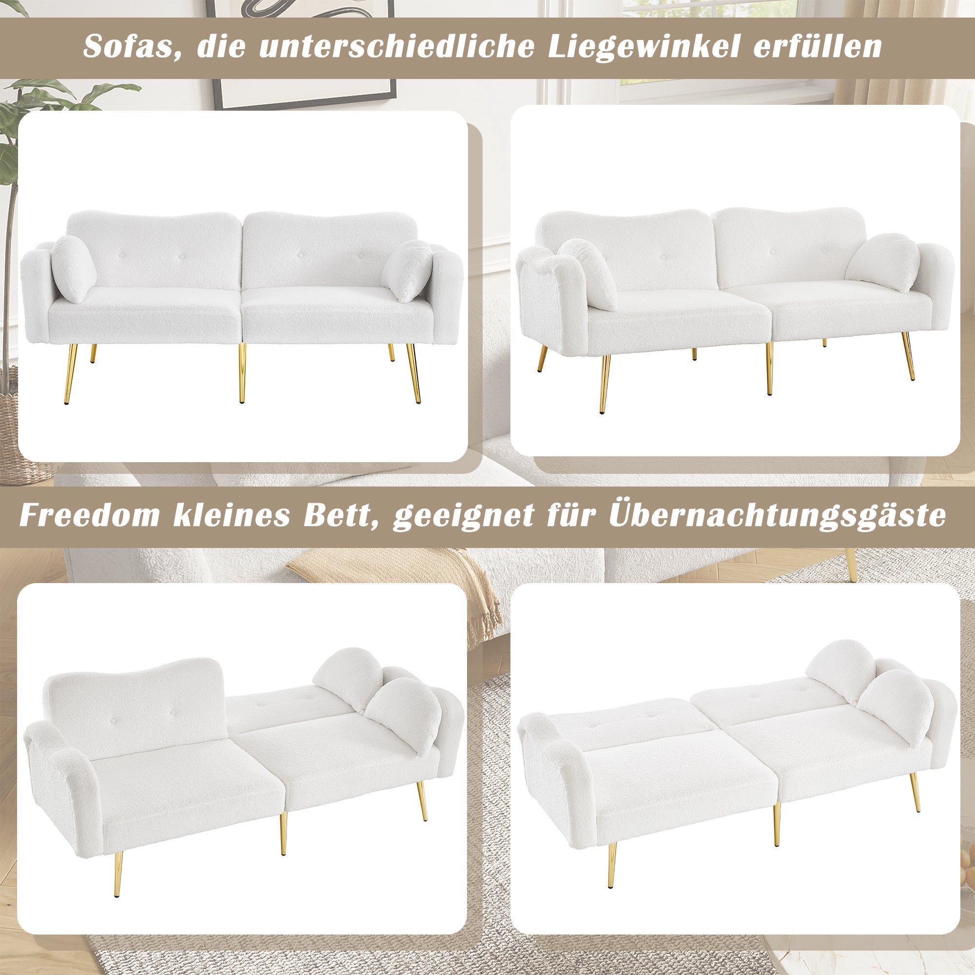 Two-Seater Sofa Bed Adjustable Backrest Gold Metal Feet