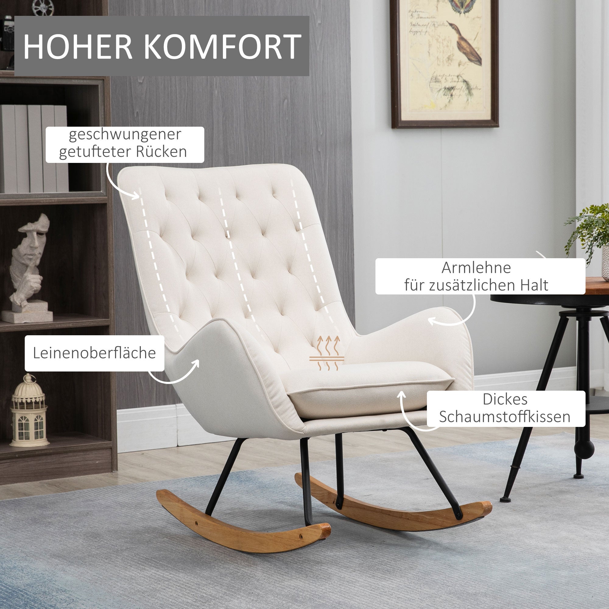 Rocking Chair Recliner Swivel Wooden Metal Frame, Cream-White Linen