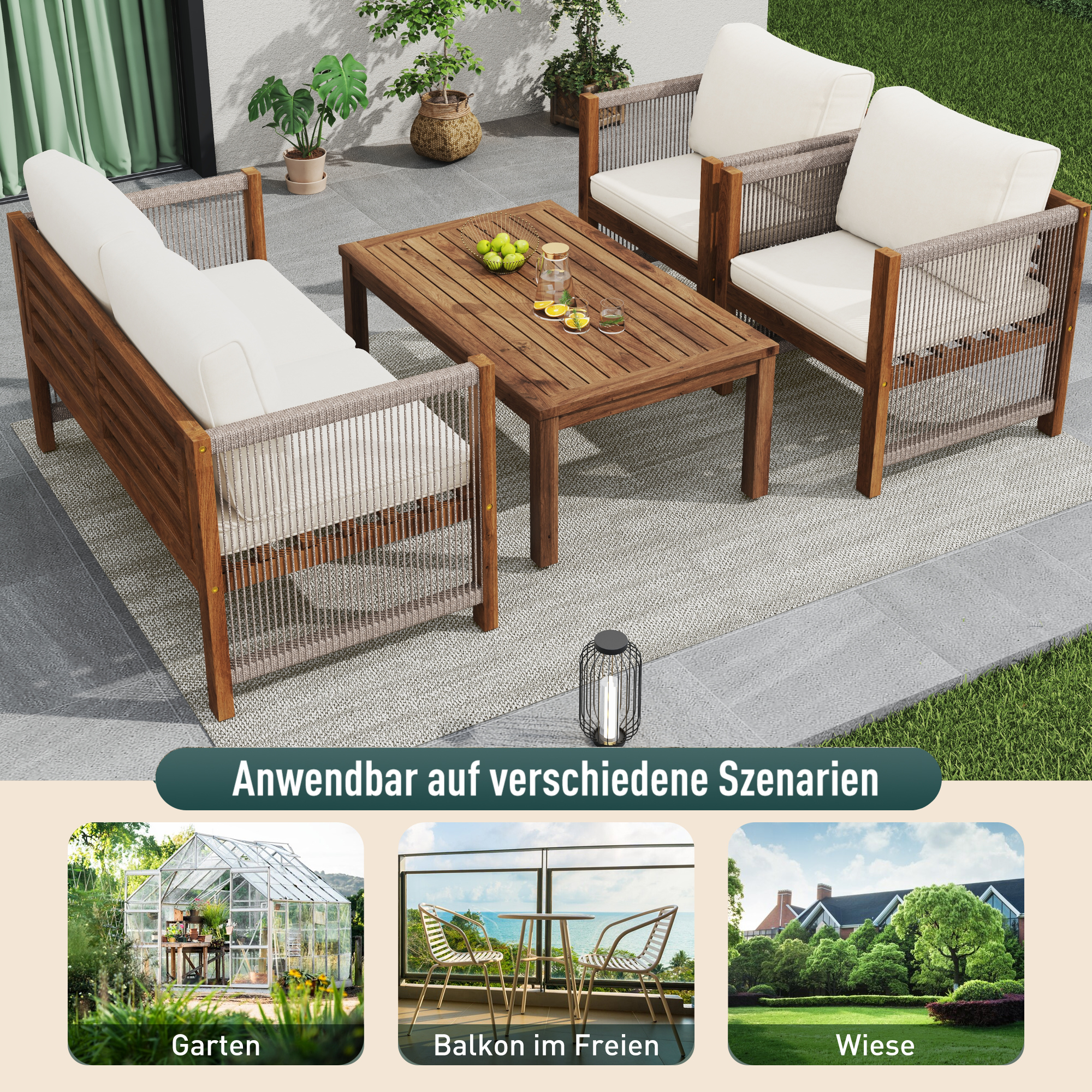 Garden Furniture Lounge Set with Double Sofa 2 Armchairs and Table, Acacia and Beige Rattan Look