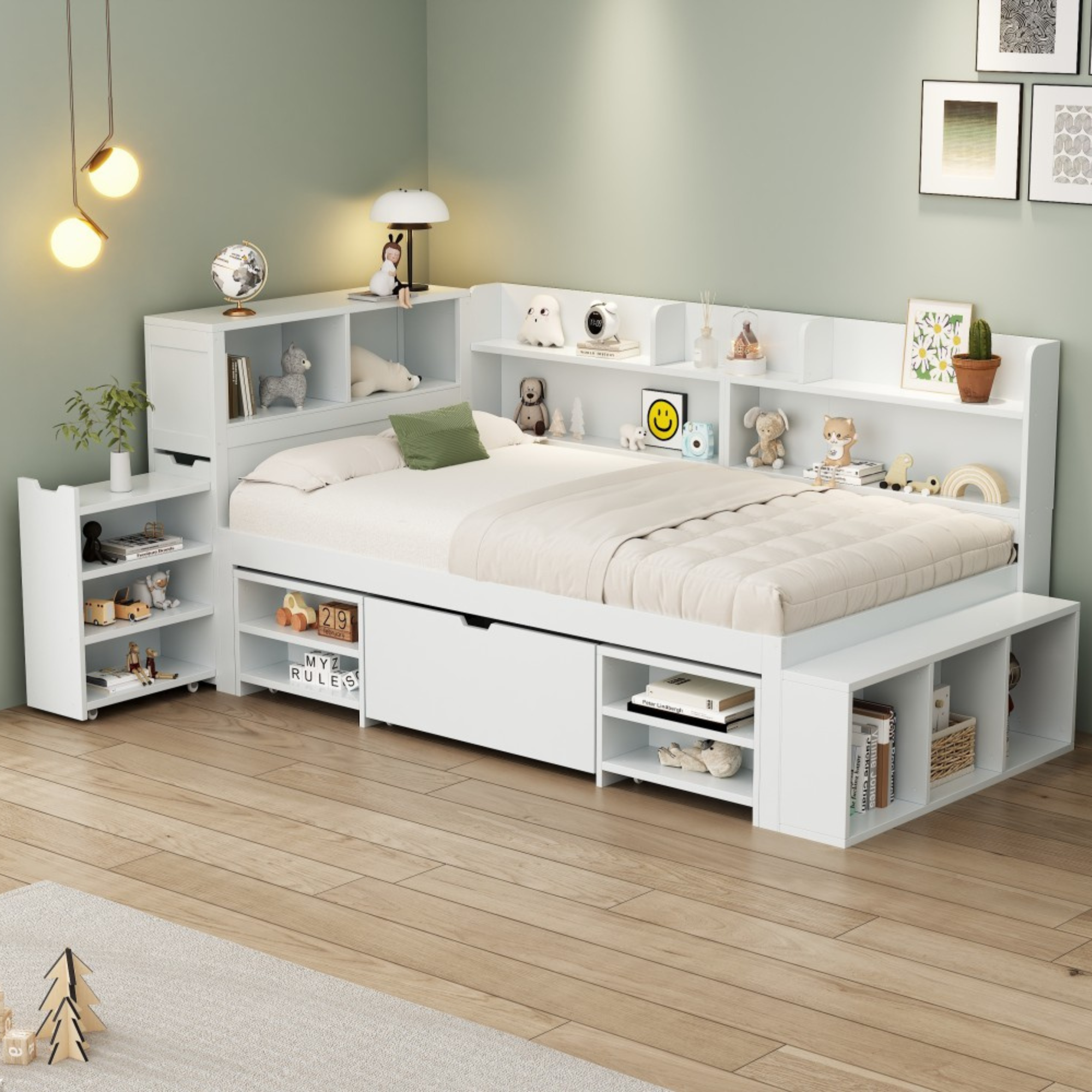 Children's Single Bed 90x200cm Storage Drawers Bookshelf - White
