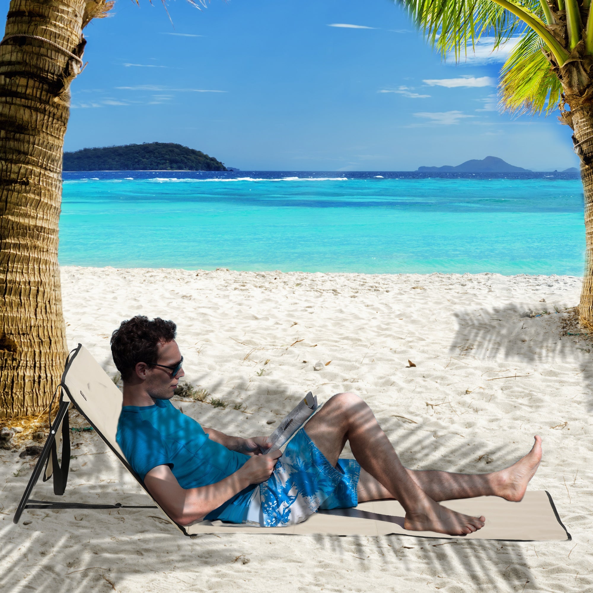 Set of 2 Foldable Beach Mats and Sun Loungers, Adjustable with Carrying Bag and Pocket, Steel/Oxford Fabric
