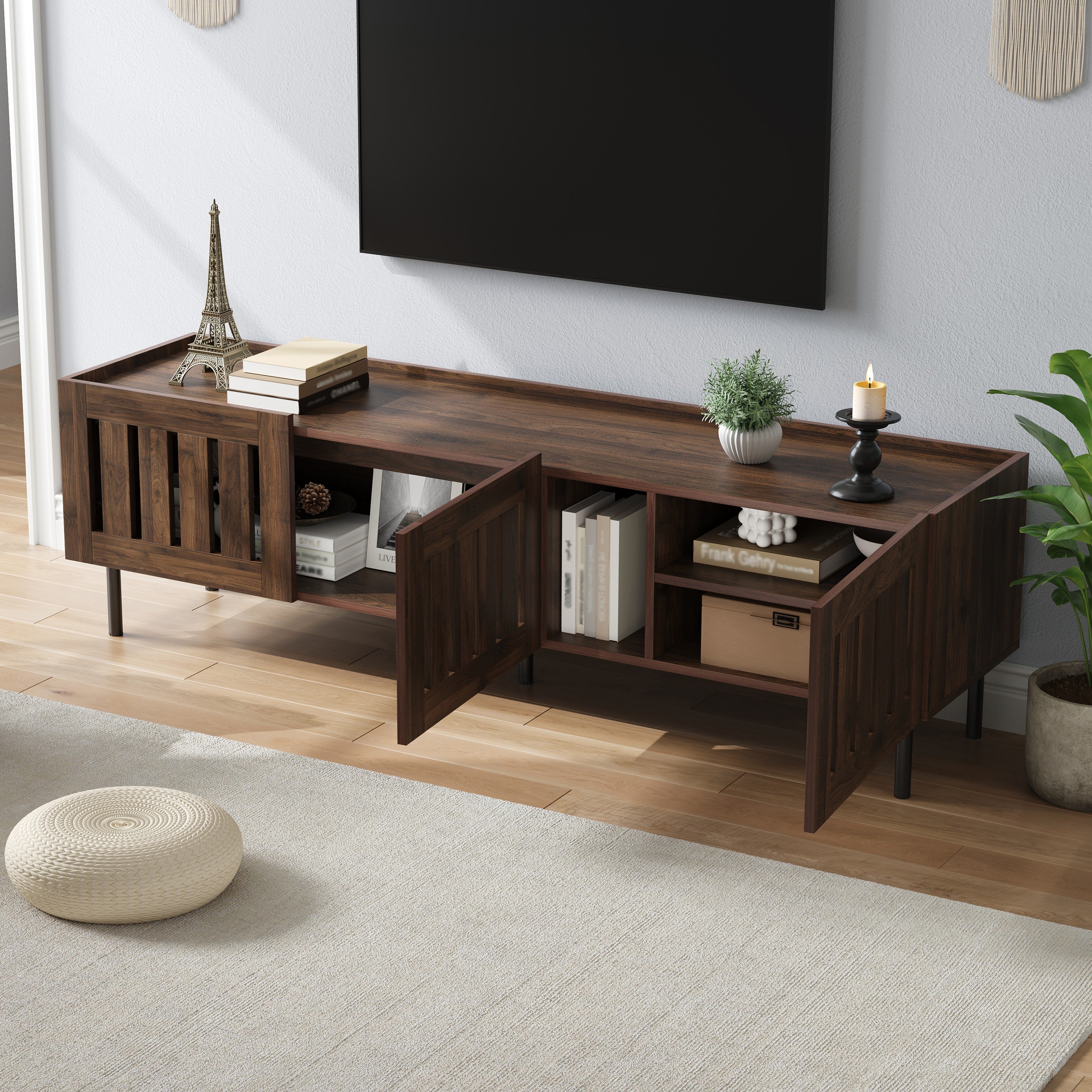 Lowboard Minimalist TV Stand 160cm for 65-inch TV Walnut Wood Finish