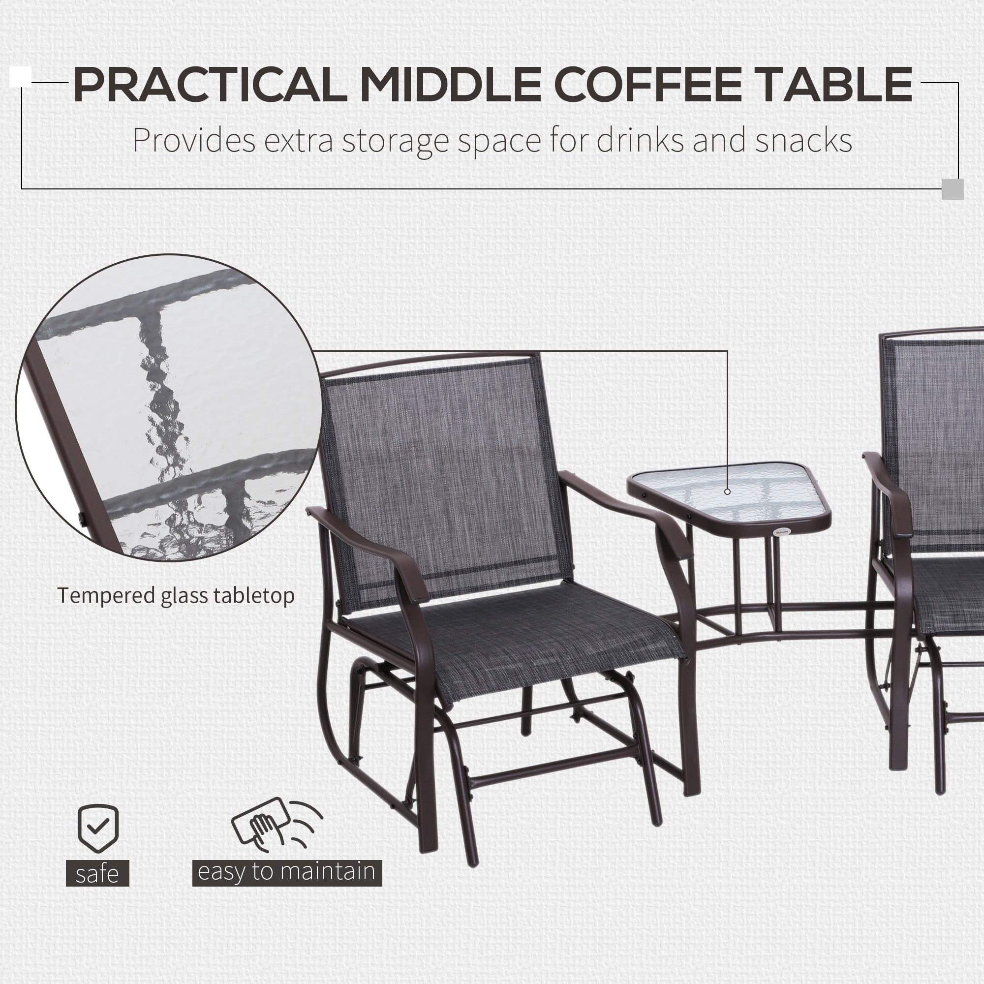 Gliding Jack and Jill Seat, Glass-Top Table, Brown/Grey