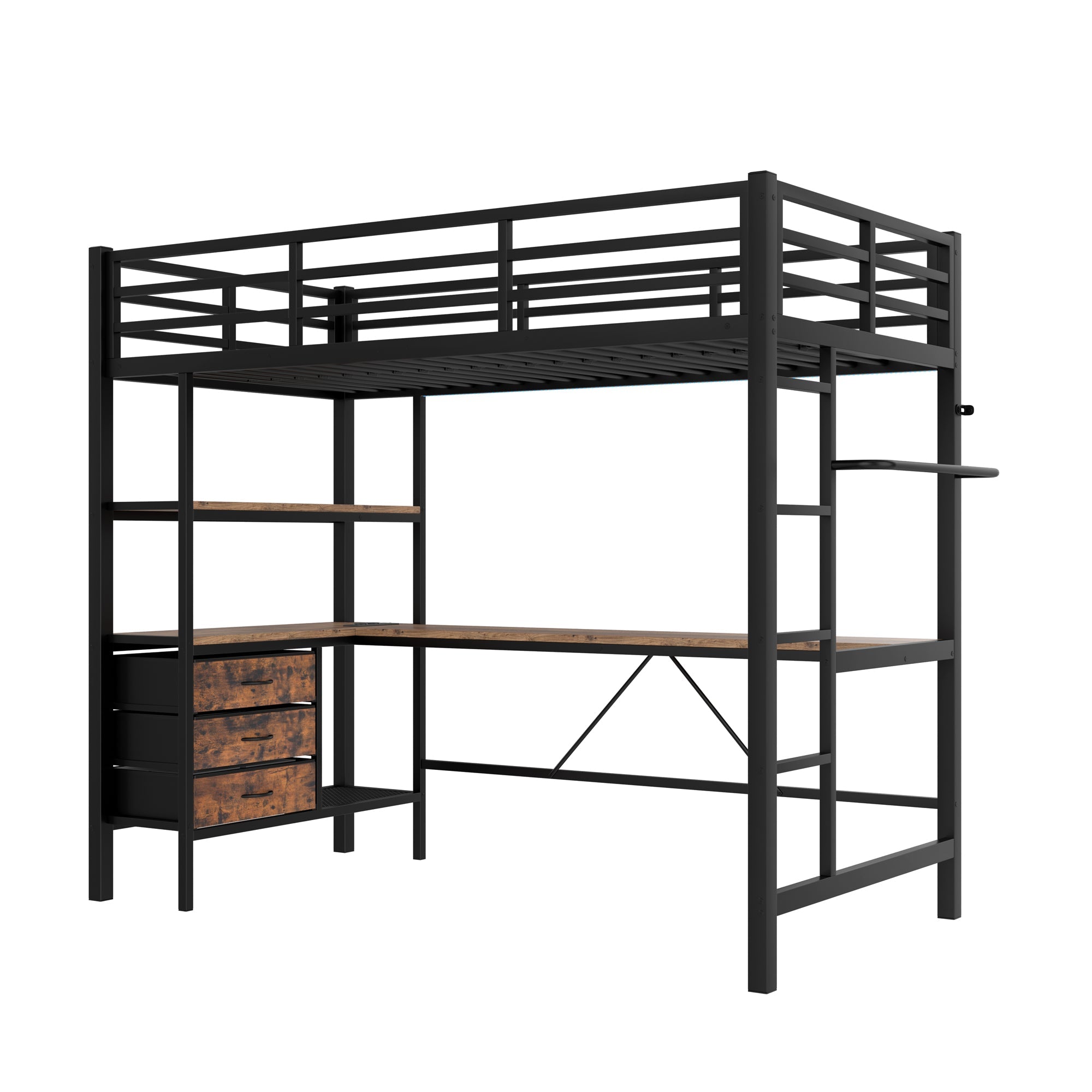 Loft Bed 90x200cm LED Lights, Desk, USB Port, 3 Drawers, Black