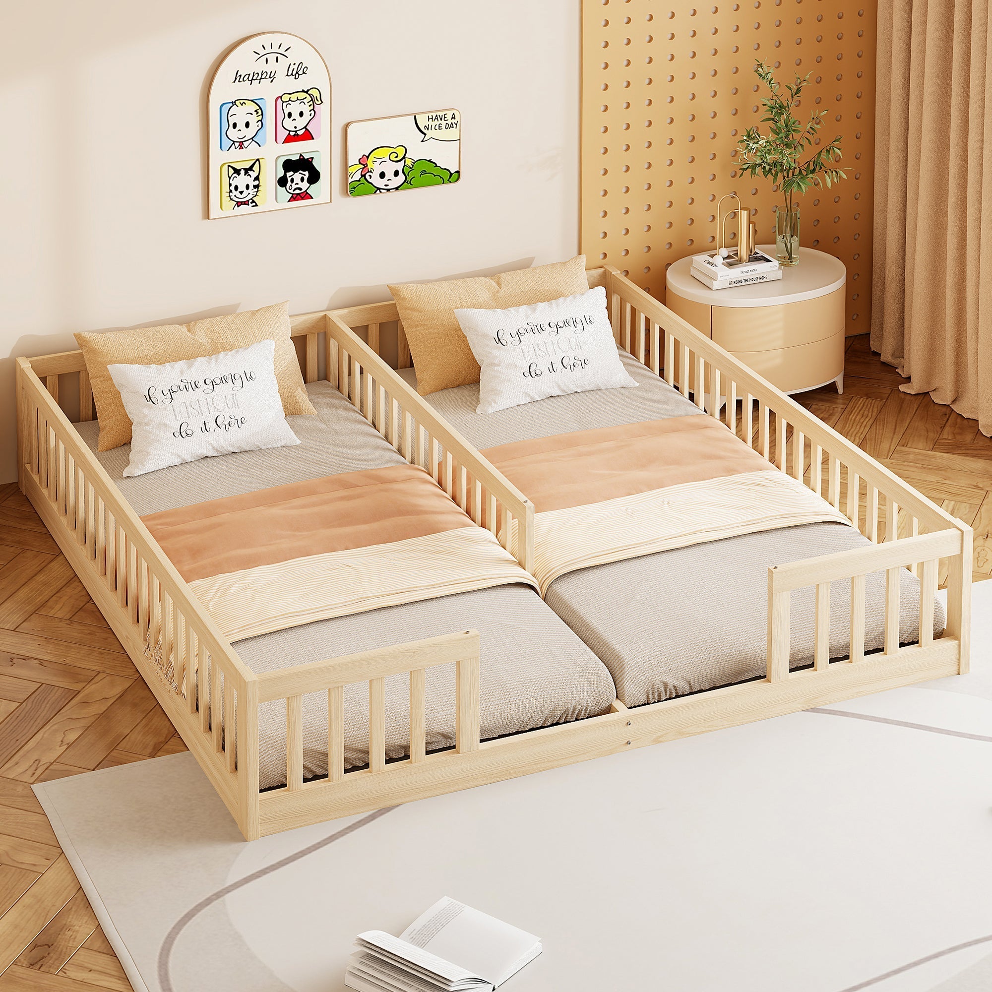 Panel Bed with Guardrails and Slatted Base, 90 x 200 cm, Pine Wood Natural