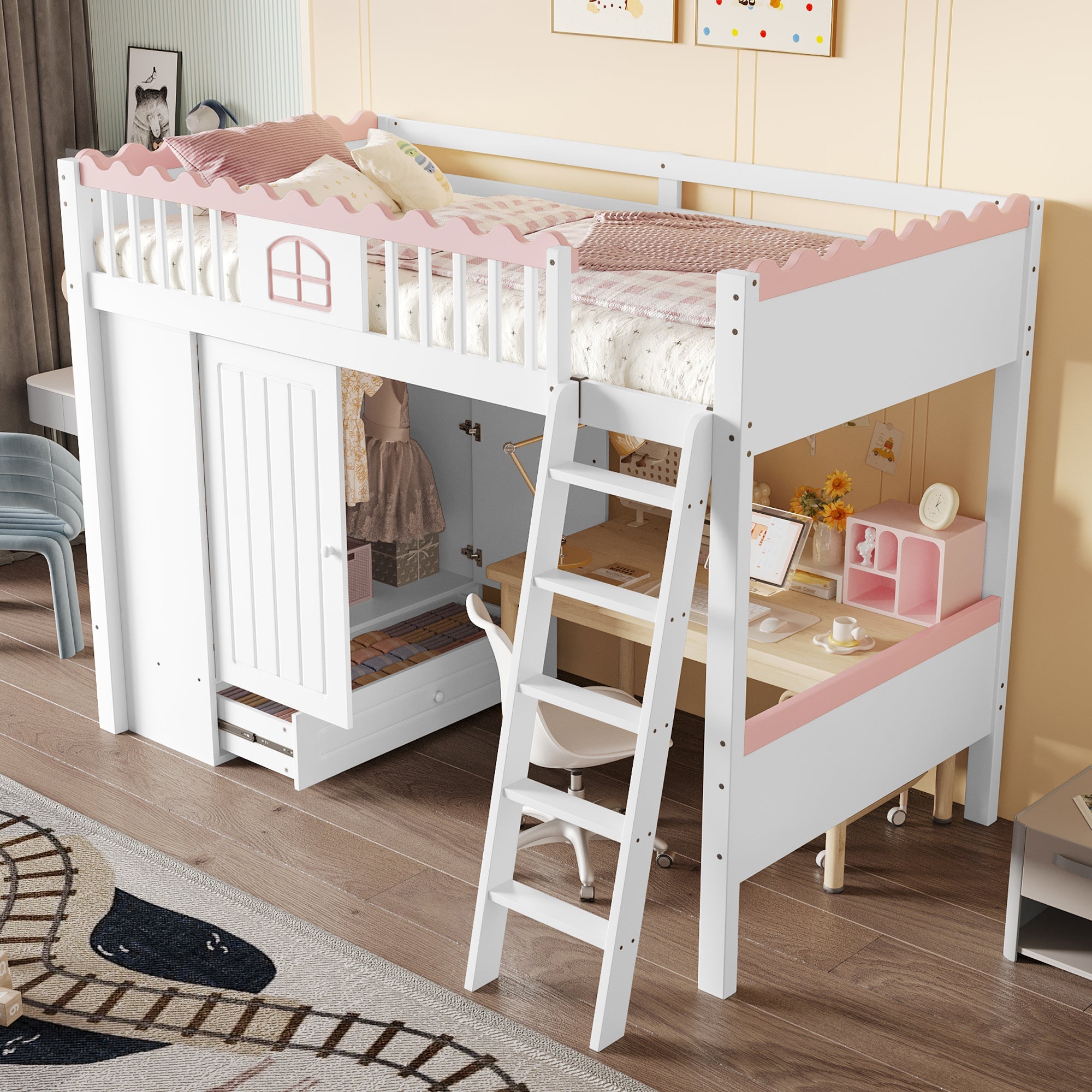 Loft Bed 90x200cm Single Storage Wardrobe LED - White Pine Wood