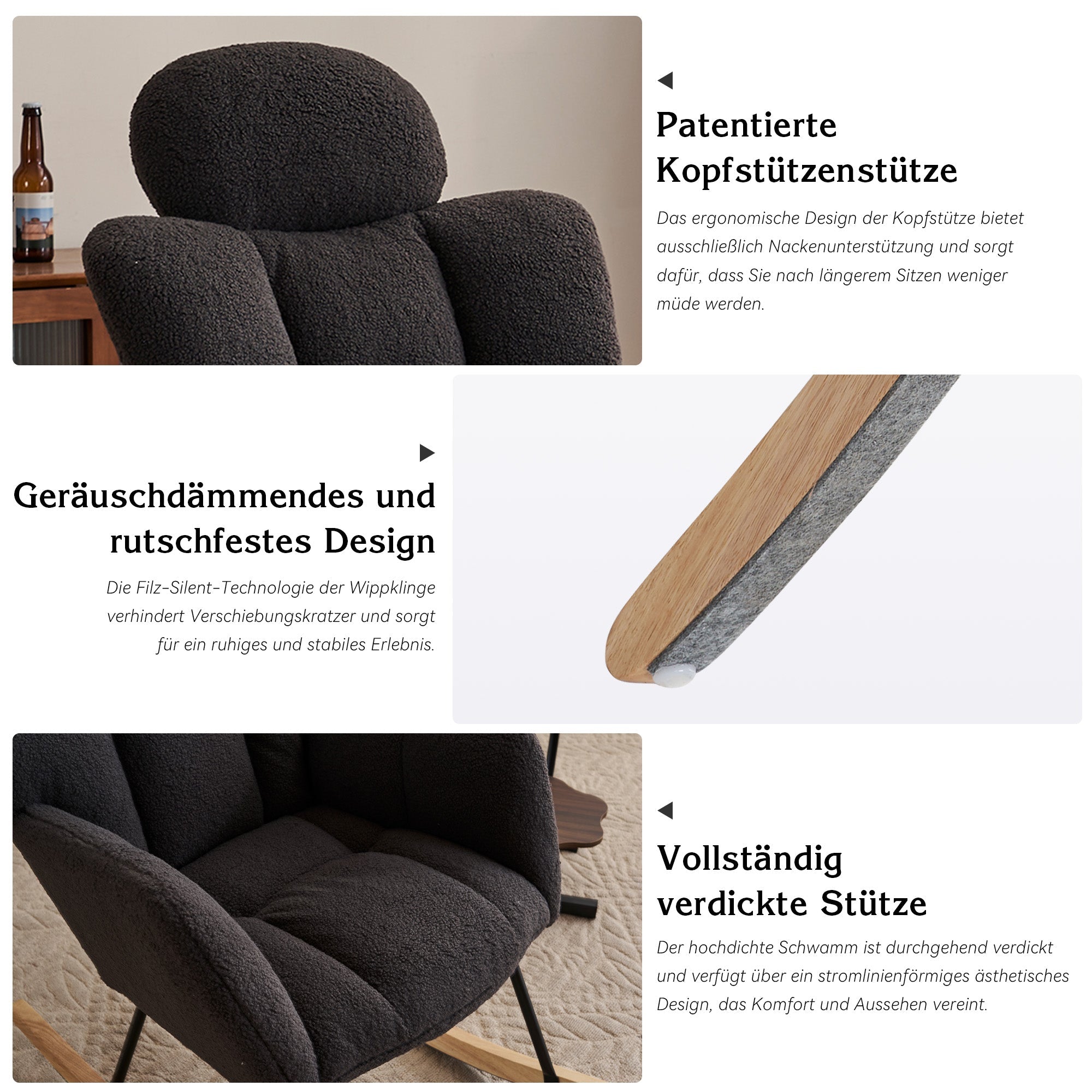 Rocking Chair, Tufted Upholstered Seat, Dark Grey Teddy Fabric