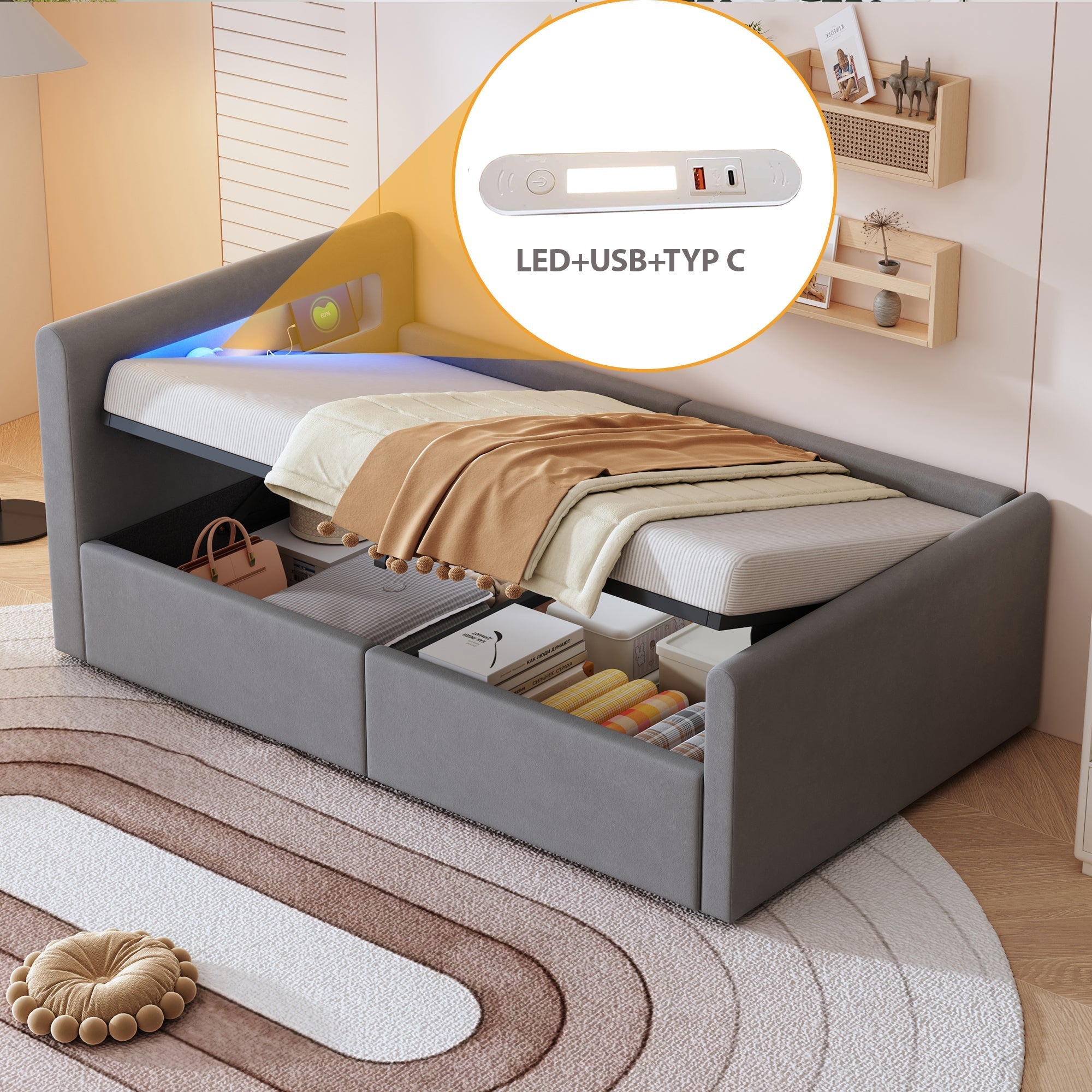Upholstered Children's Bed 90x200cm LED USB Hydraulic Storage, Light Grey Velvet