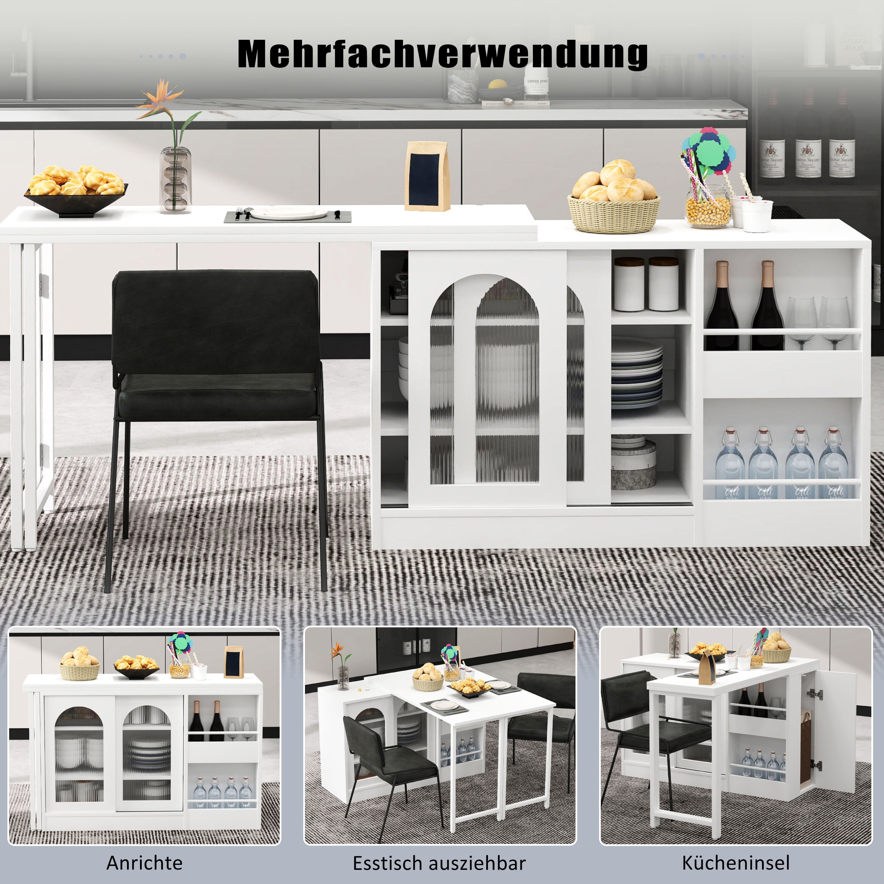 Bar Table, Extendable 360° Rotating with Storage & Glass Door, White