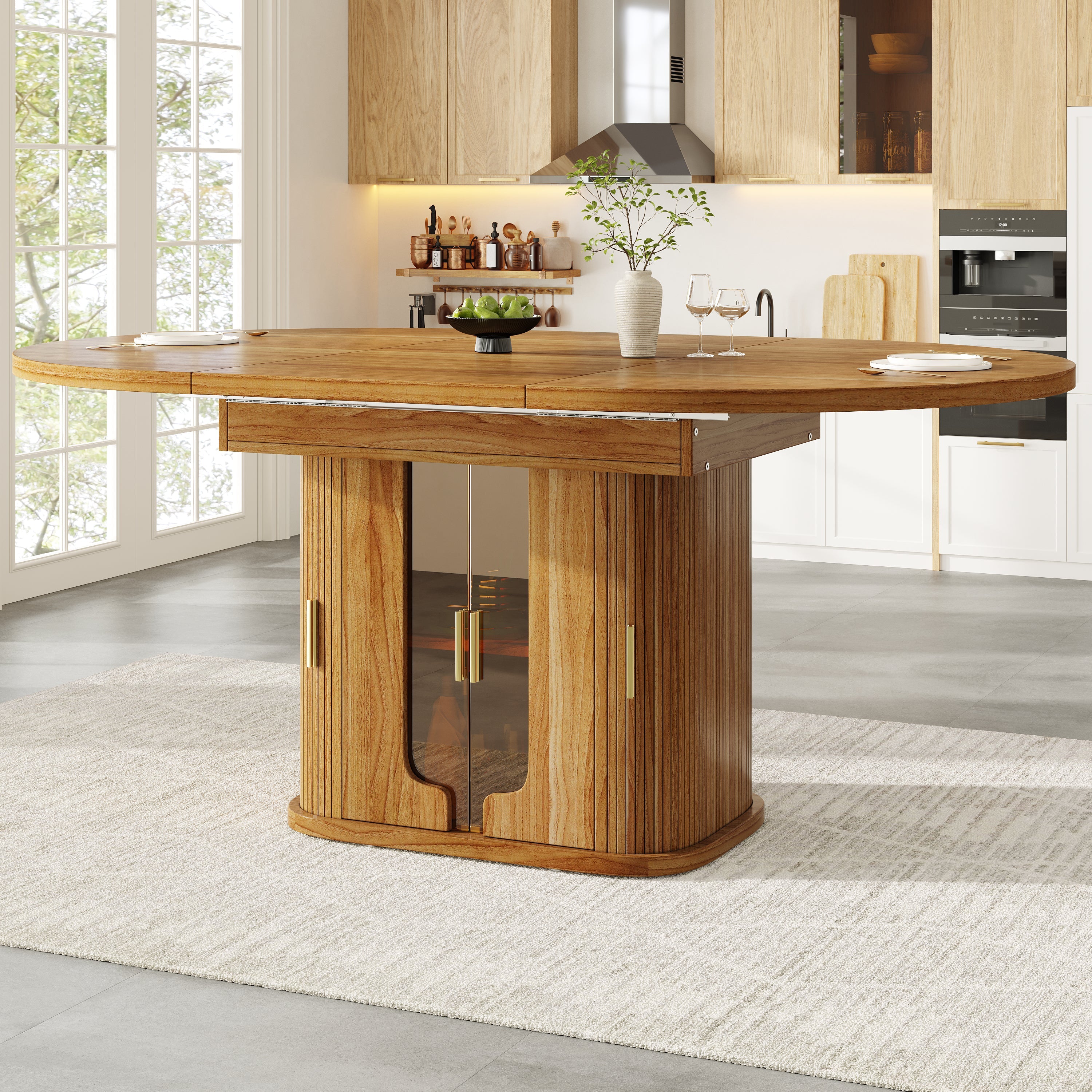 Extendable Round Dining Table, Oval 118-158 cm Seats up to 6 with Glass Doors, Walnut