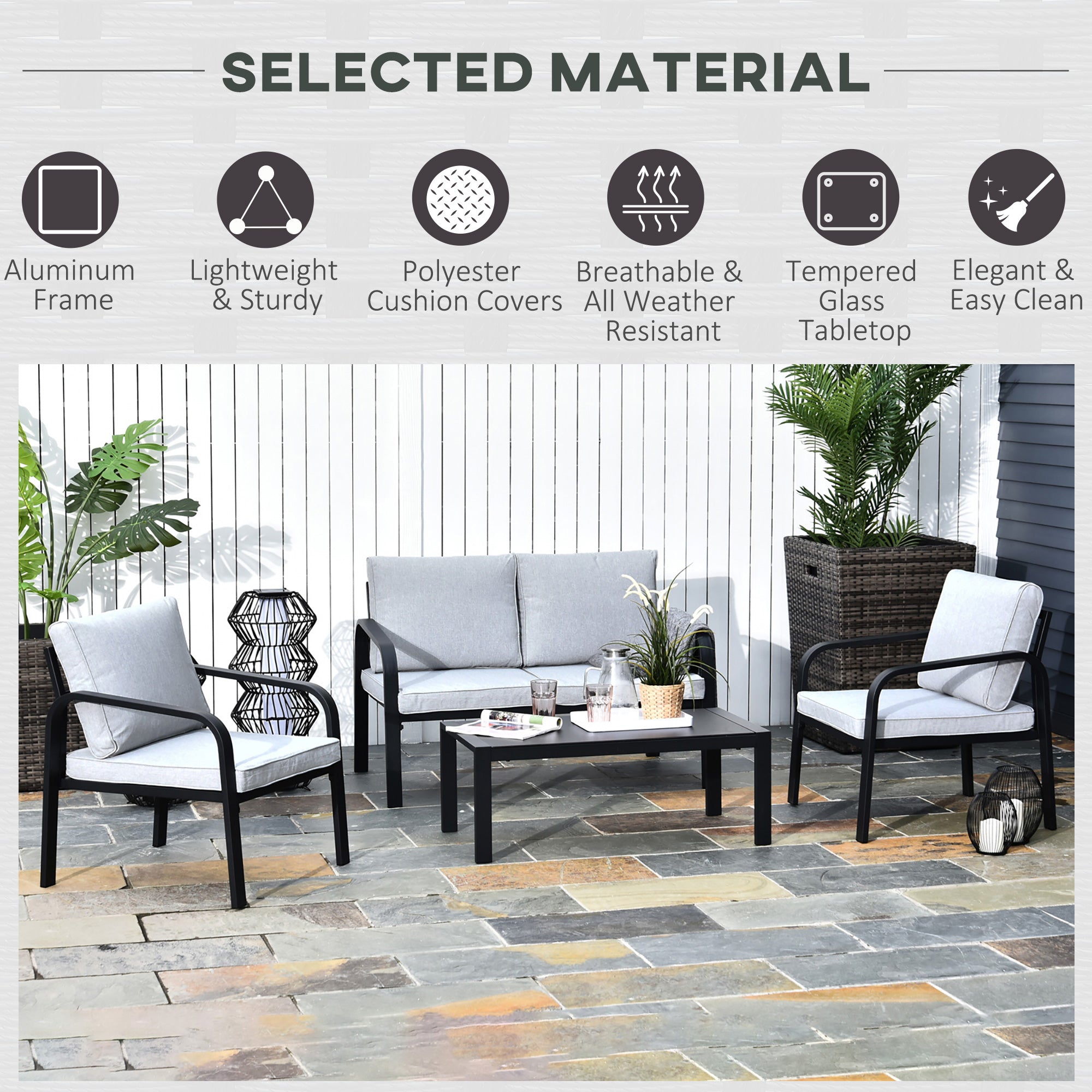 4pcs Garden Sofa Set 2 Armchairs 1 Bench 1 Coffee Table Aluminum Frame Black