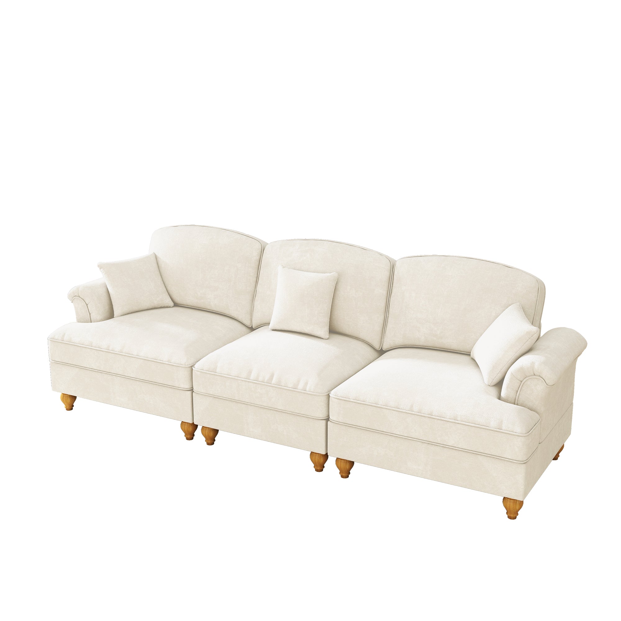 Mid-Century Sofa 3-Seater Funnel Armrests Ruffled Apron Chenille White