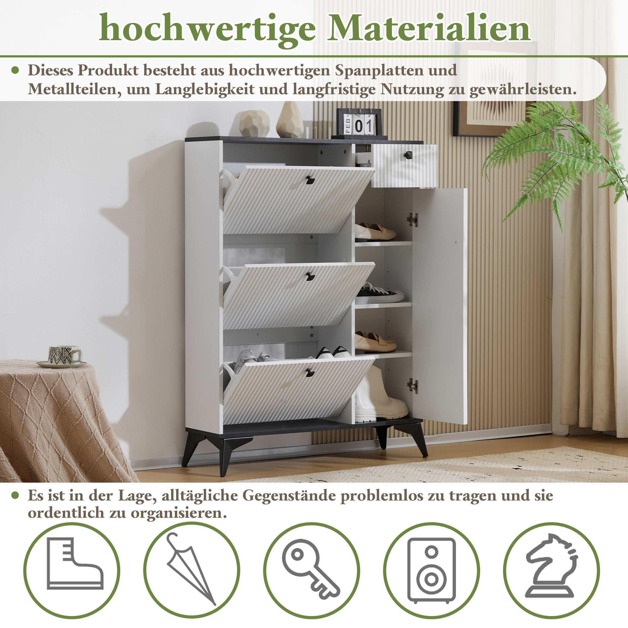 Shoe cabinet with 3 flaps, 1 drawer, 1 door, white