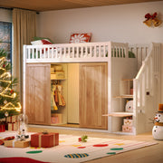 Children's Bunk Bed (90x200 cm) Multifunctional with Wardrobe Staircase LED Strip - White and Oak