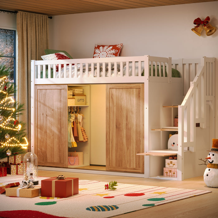 Children's Bunk Bed (90x200 cm) Multifunctional with Wardrobe Staircase LED Strip - White and Oak
