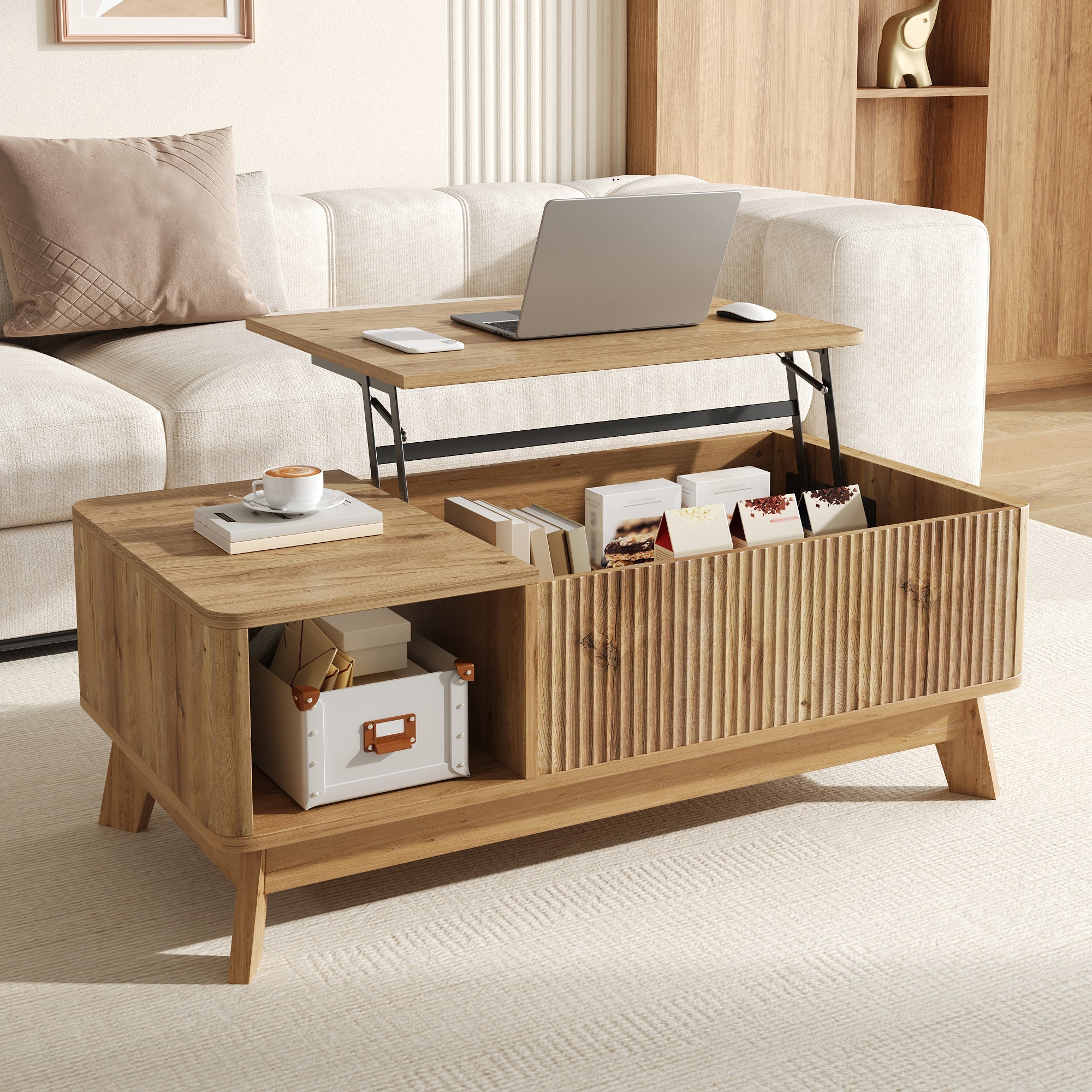 Coffee Table with Lifting Mechanism, Wave Design and Open Side Compartment, MDF Material