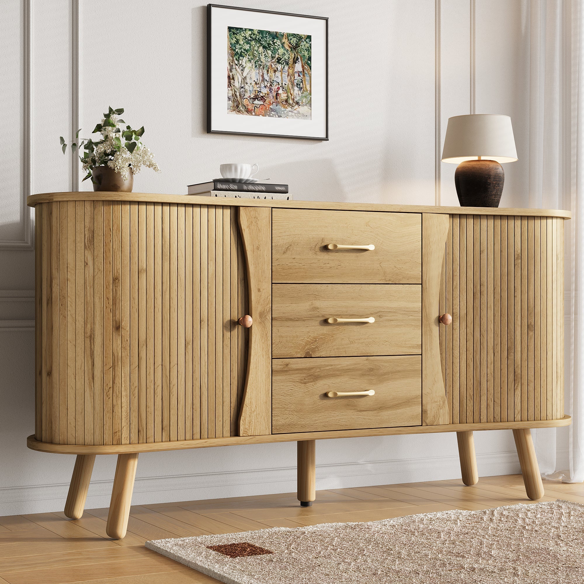Scandinavian Pea-Shaped Sideboard with 2 Sliding Doors and 3 Drawers, Wood Look MDF