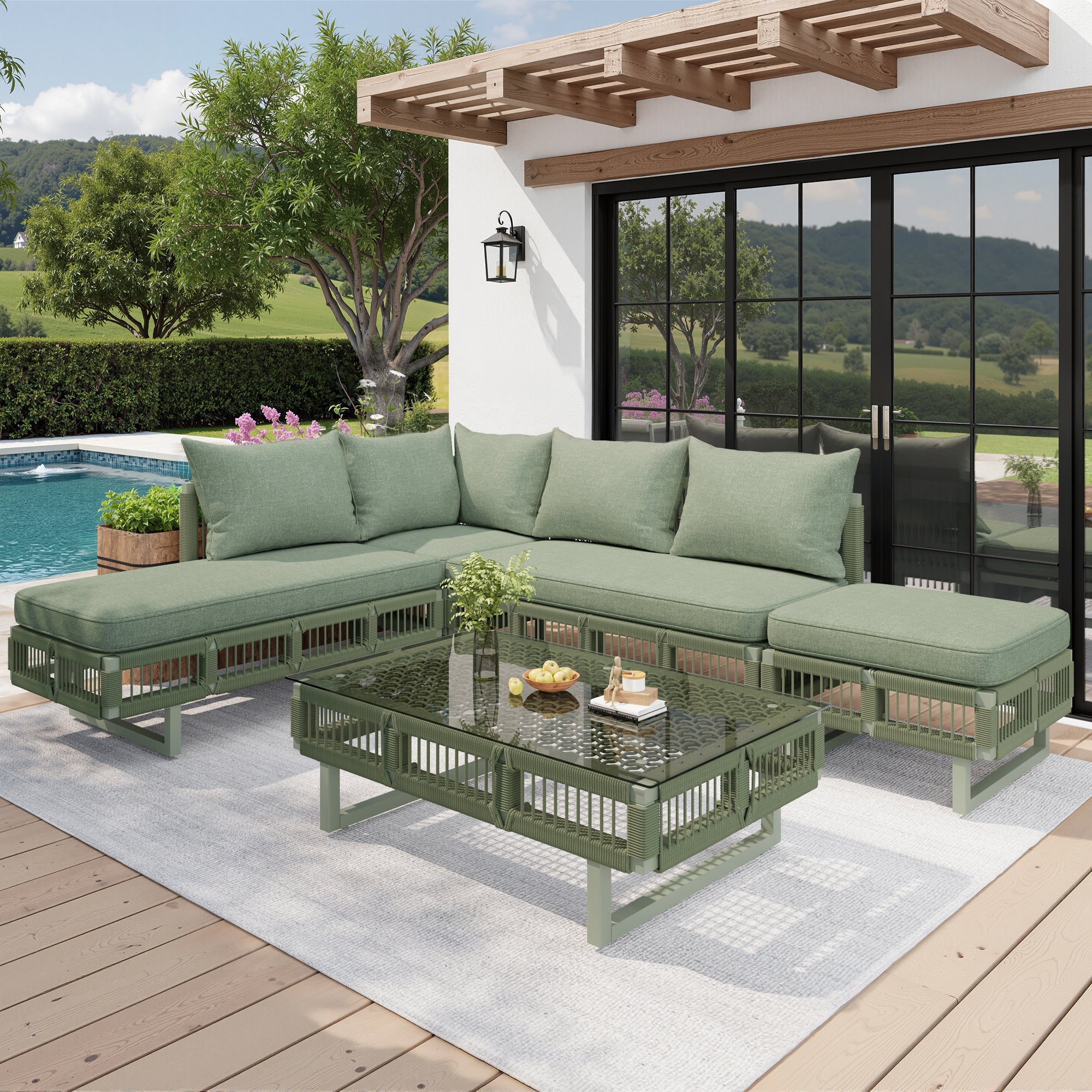 Outdoor Seating Group with Rope Weave, Adjustable Feet and Glass Coffee Table, Beige/Green