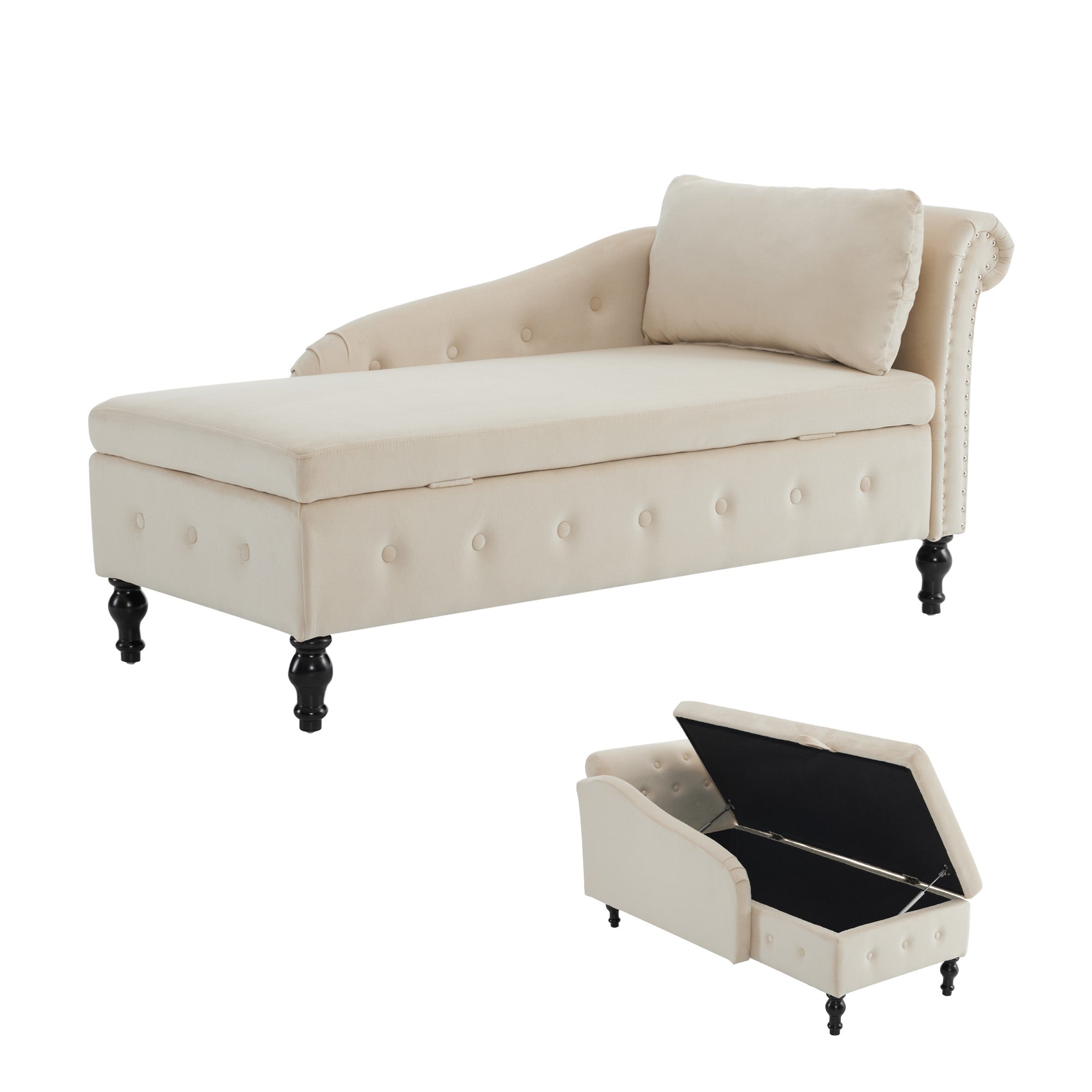 Velvet Chaise Lounge Sofa with Storage, Upholstered Chaise Lounge Couch with Pillow, Right Armrest, Velvet