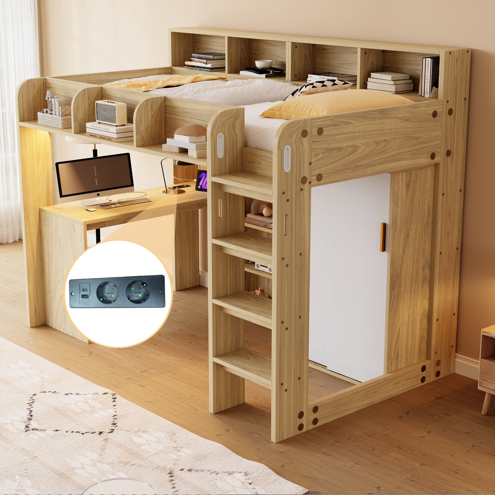 Multifunctional Loft Bed with Desk, Wardrobe, LED Lighting and Power Outlet, Wood Color