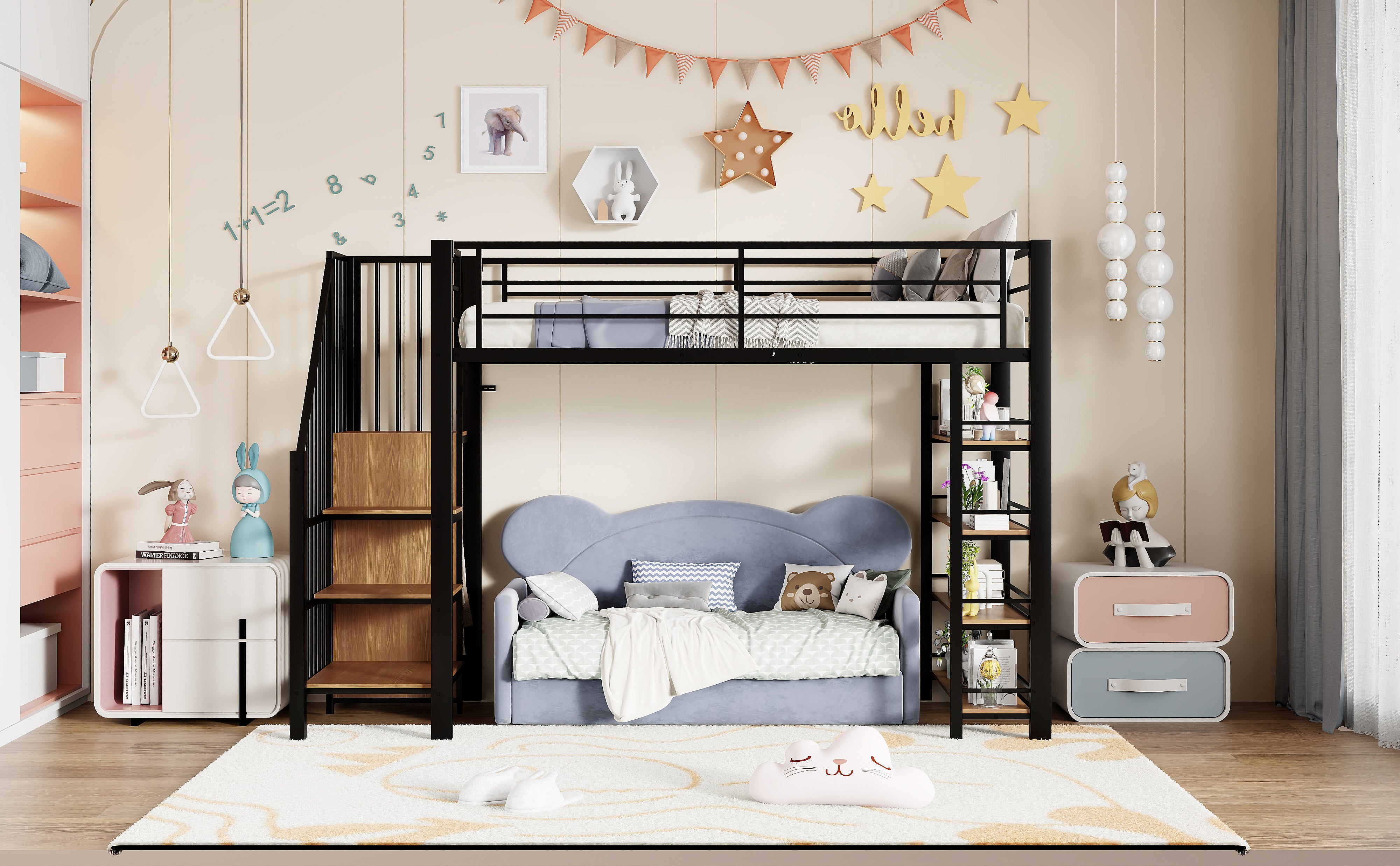 Loft Bed, 90x200 with Safety Stairs & Storage Wardrobe, Black