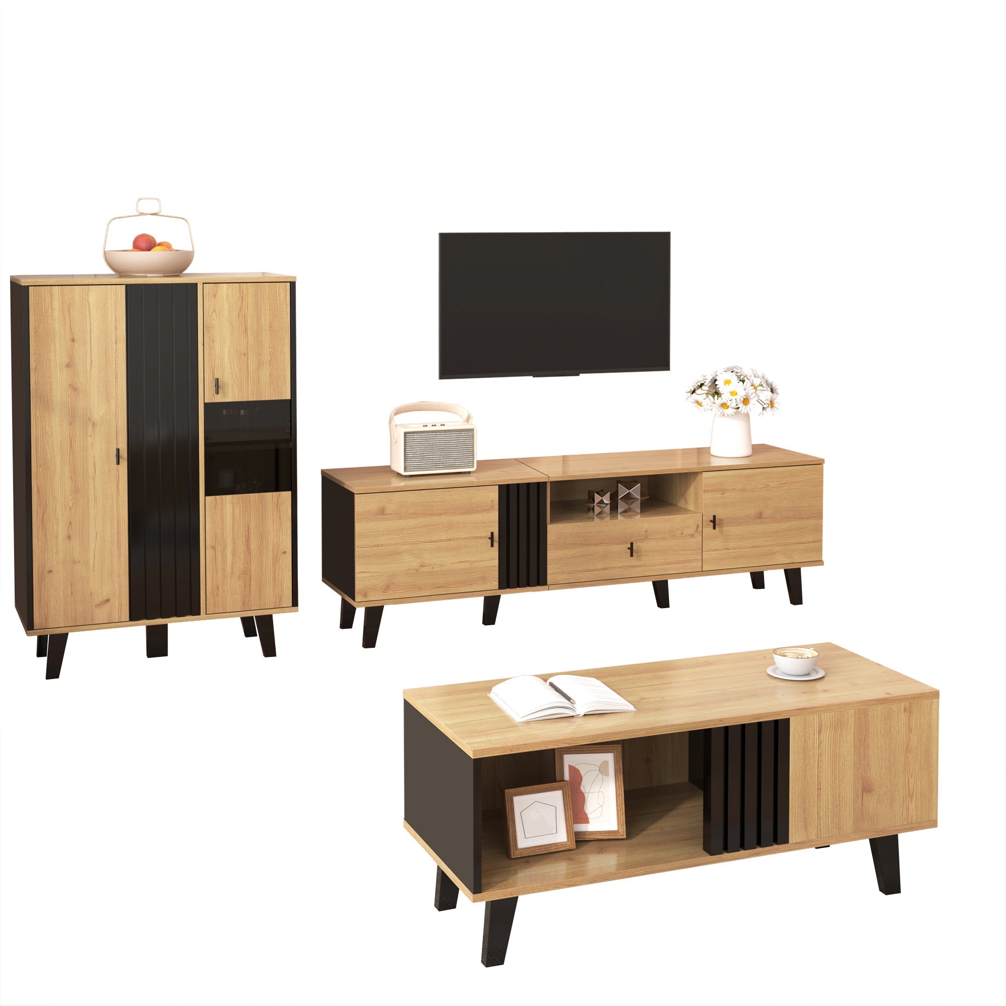 Living Room Furniture Set, 3-Piece Coffee Table TV Cabinet Sideboard Modern Design, Wood and Black
