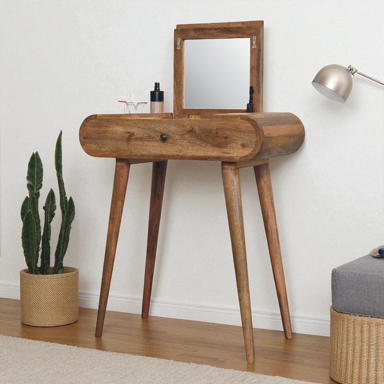 Solid Wood Mini Round Dressing Table, 1 Drawer, Nordic Legs, Brown
