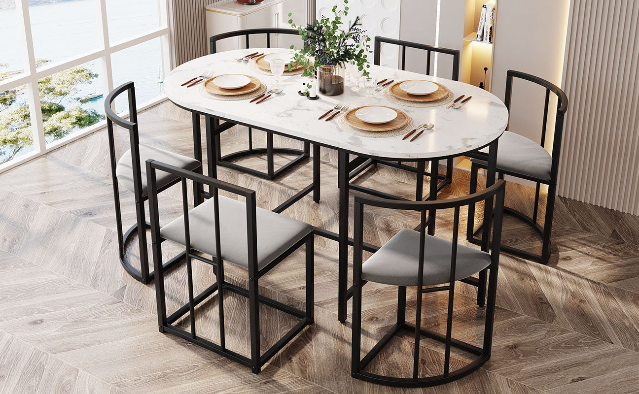 Dining Table Set, 6-Piece Round White MDF Table with 4 Dark Grey Velvet Chairs & Black Iron Frame